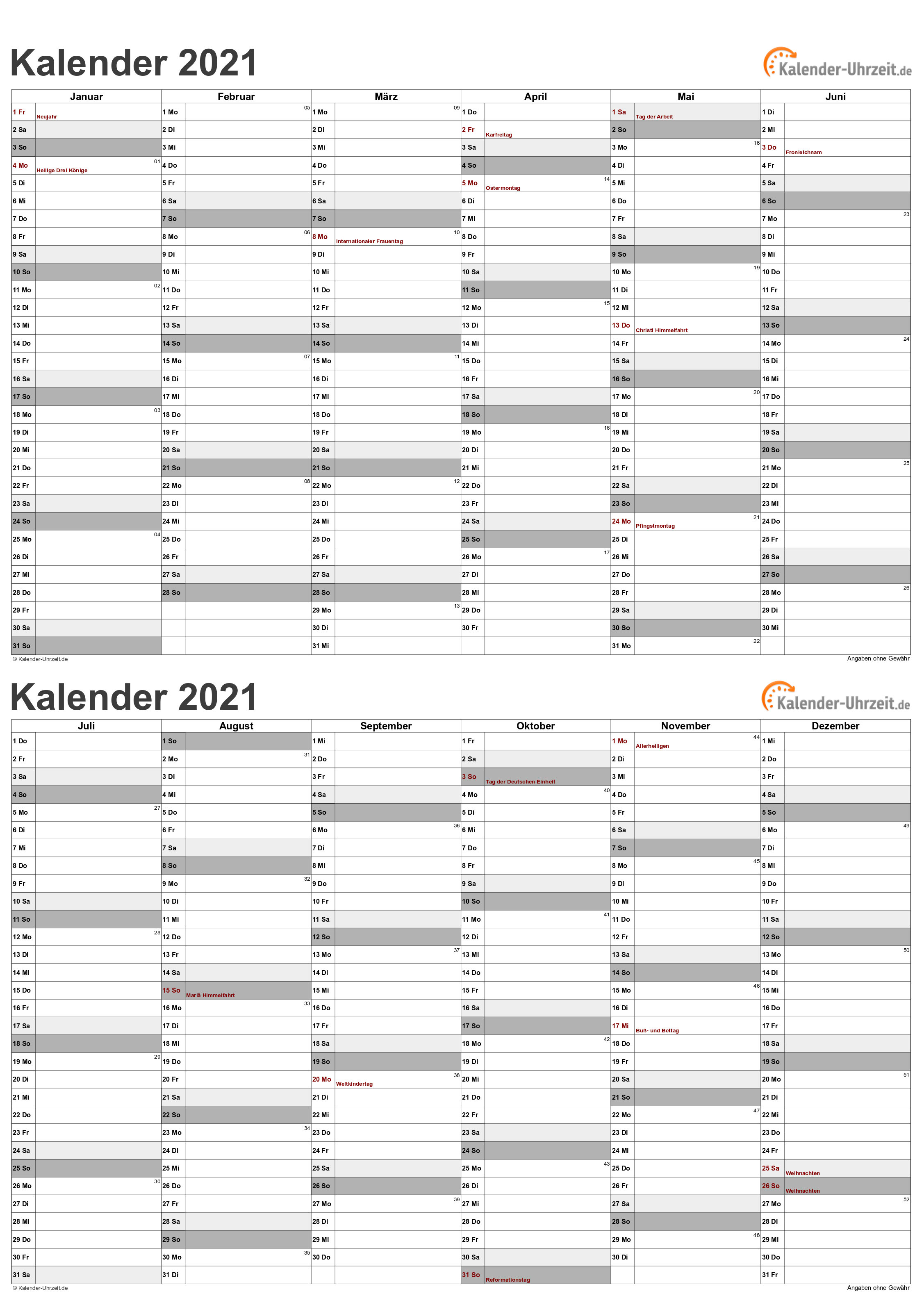 Kalender 2021 Zum Ausdrucken Kostenlos