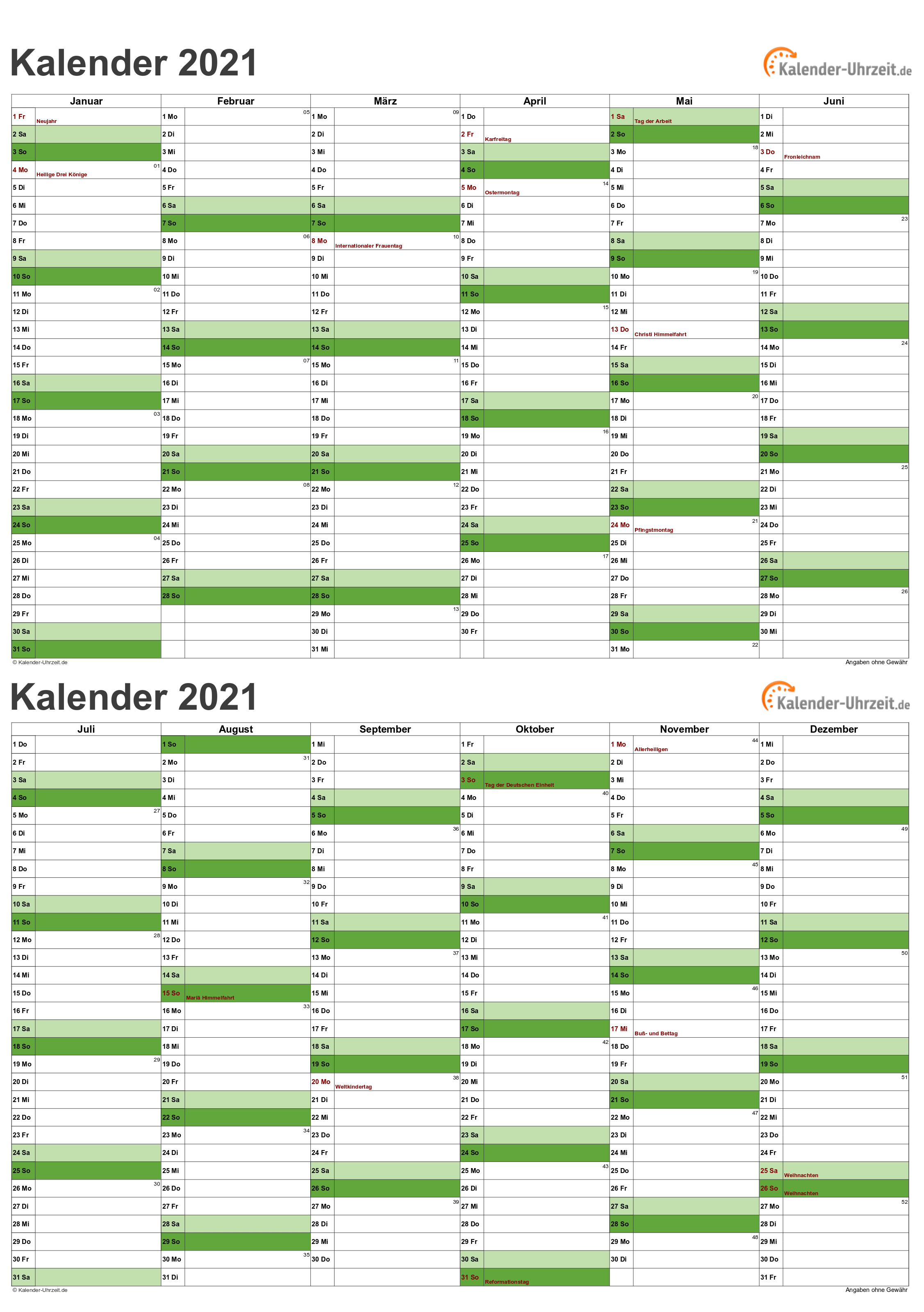 Kalender 2021 A5-Excel-Vorlage 3 Vorschau