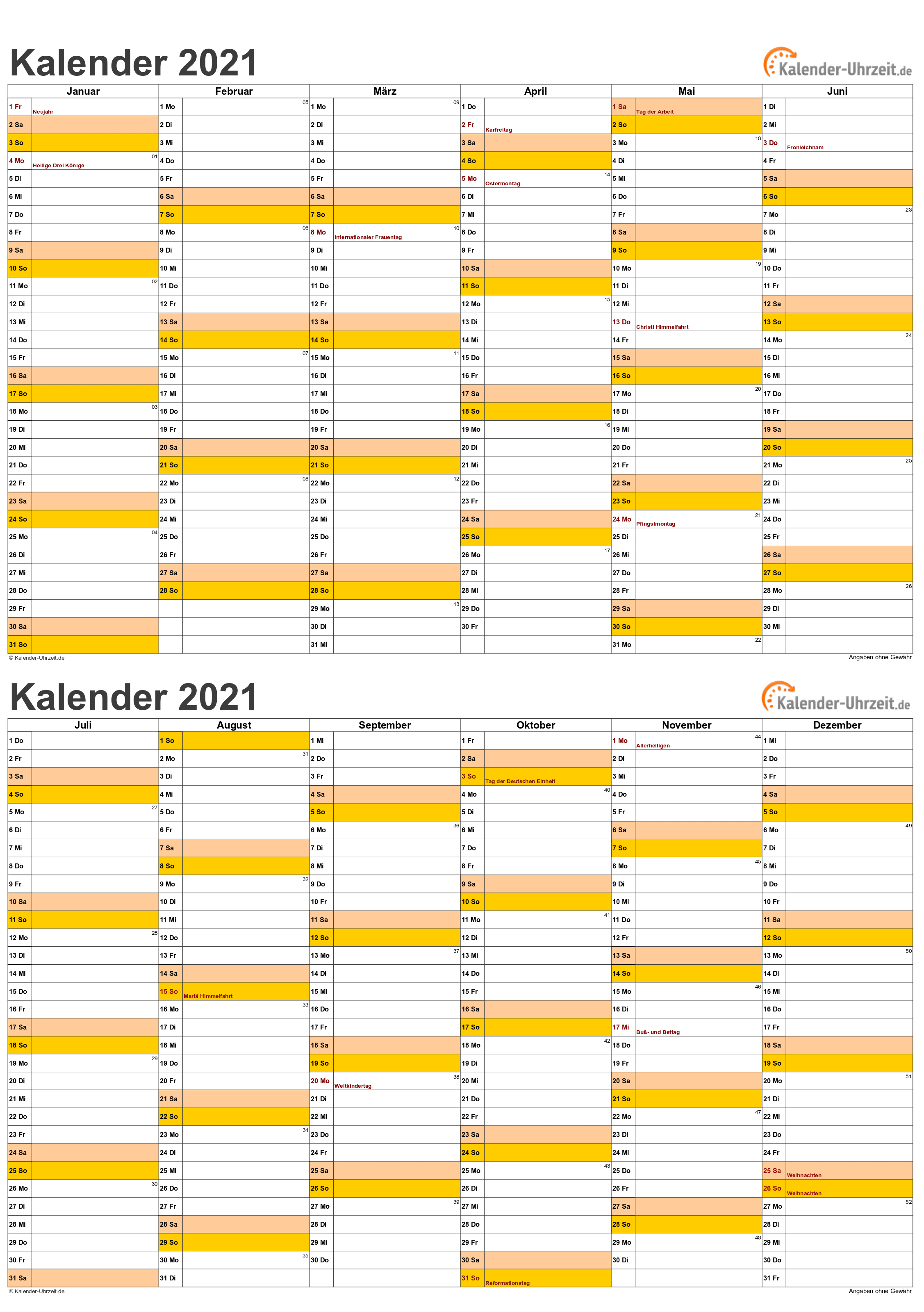 EXCEL-KALENDER 2021 - KOSTENLOS