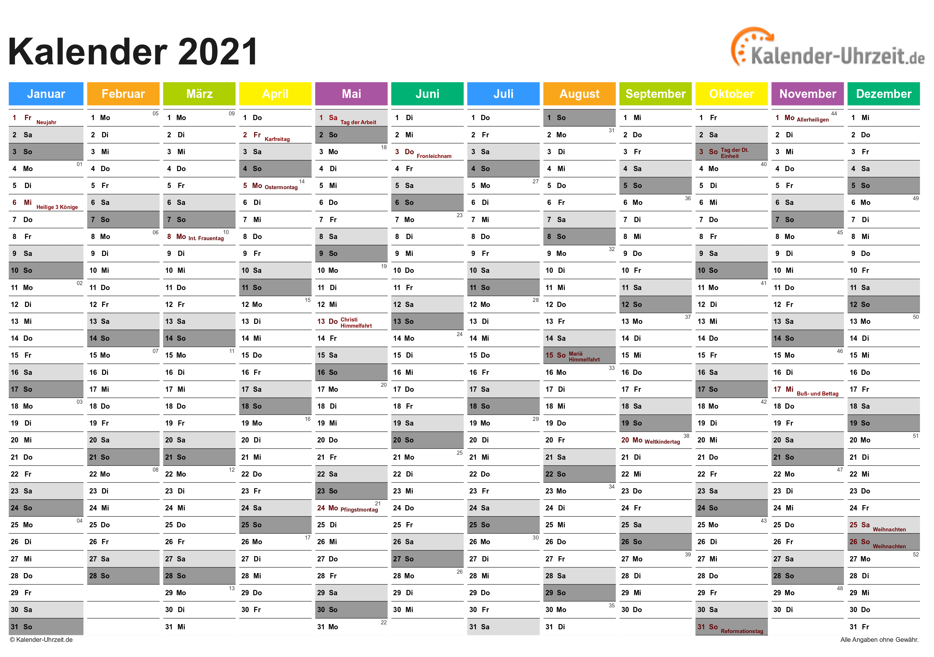 Jahreskalender 2021 - Excel-Vorlage 2 Vorschau