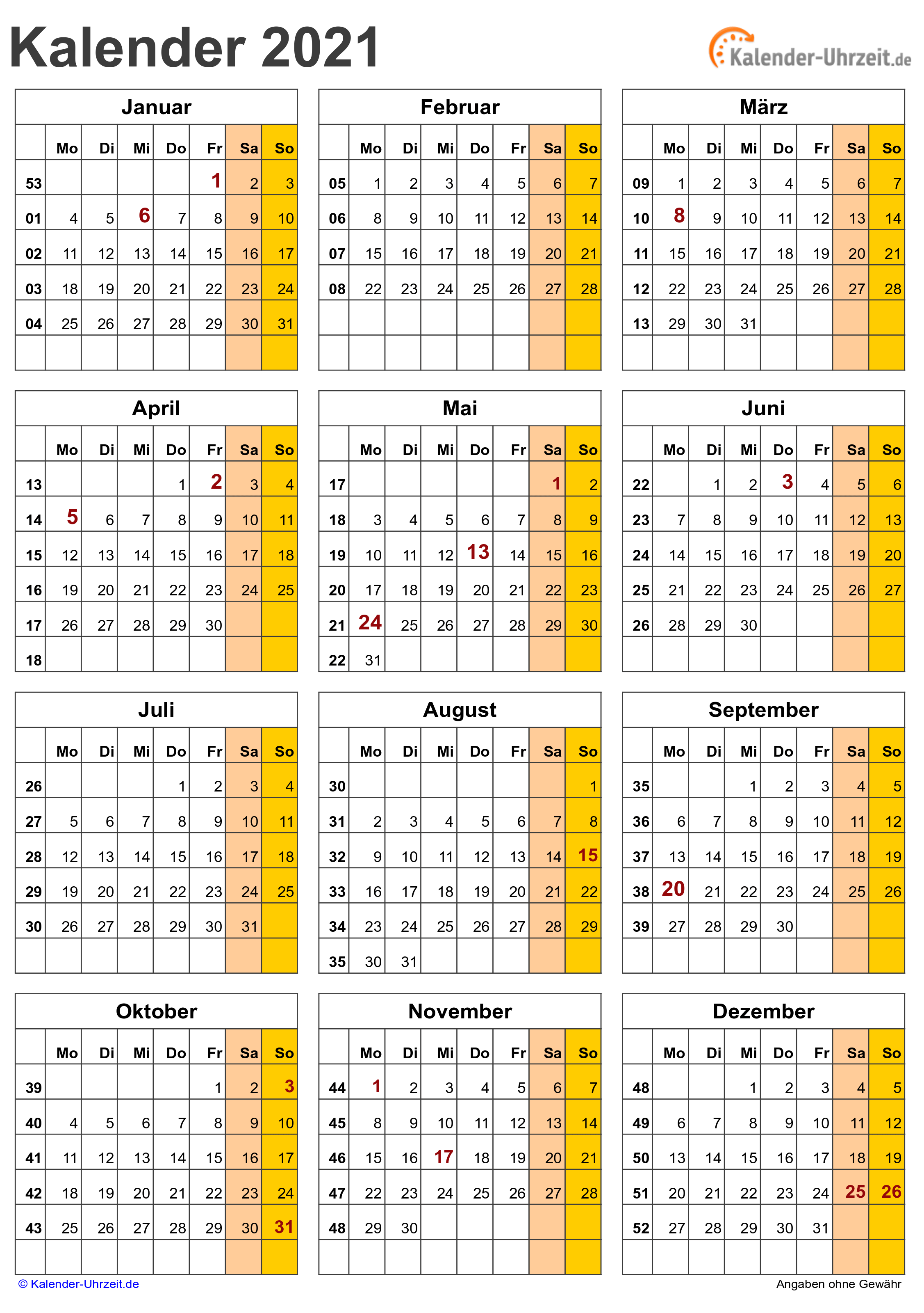 KALENDER 2021 ZUM AUSDRUCKEN - KOSTENLOS