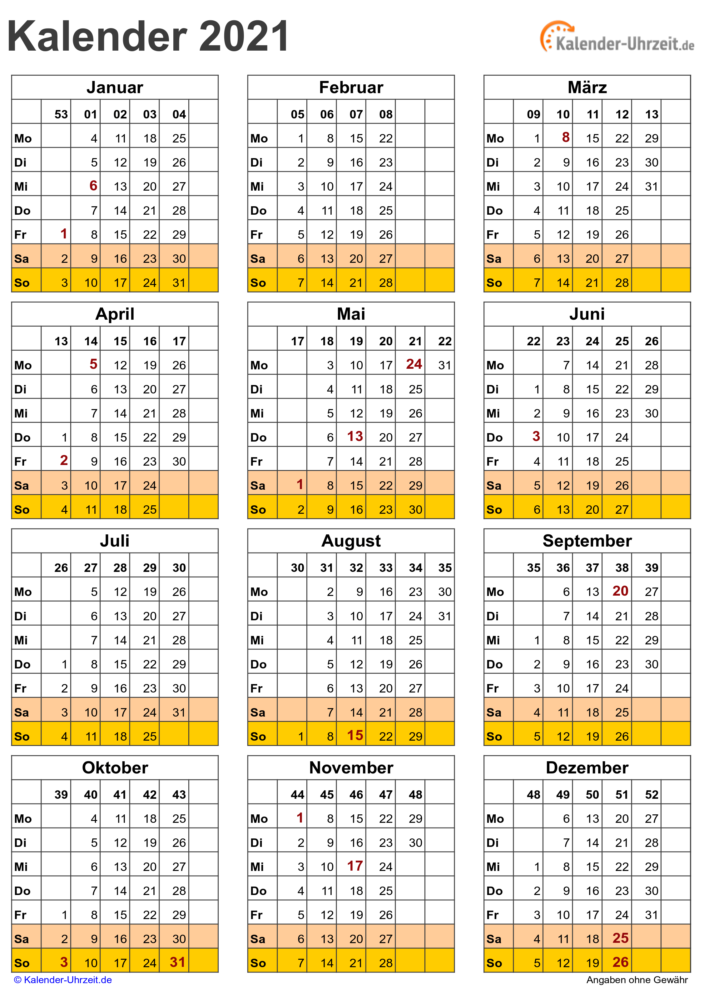 Kalender 2021 A4 Zum Ausdrucken : Jahreskalender ...