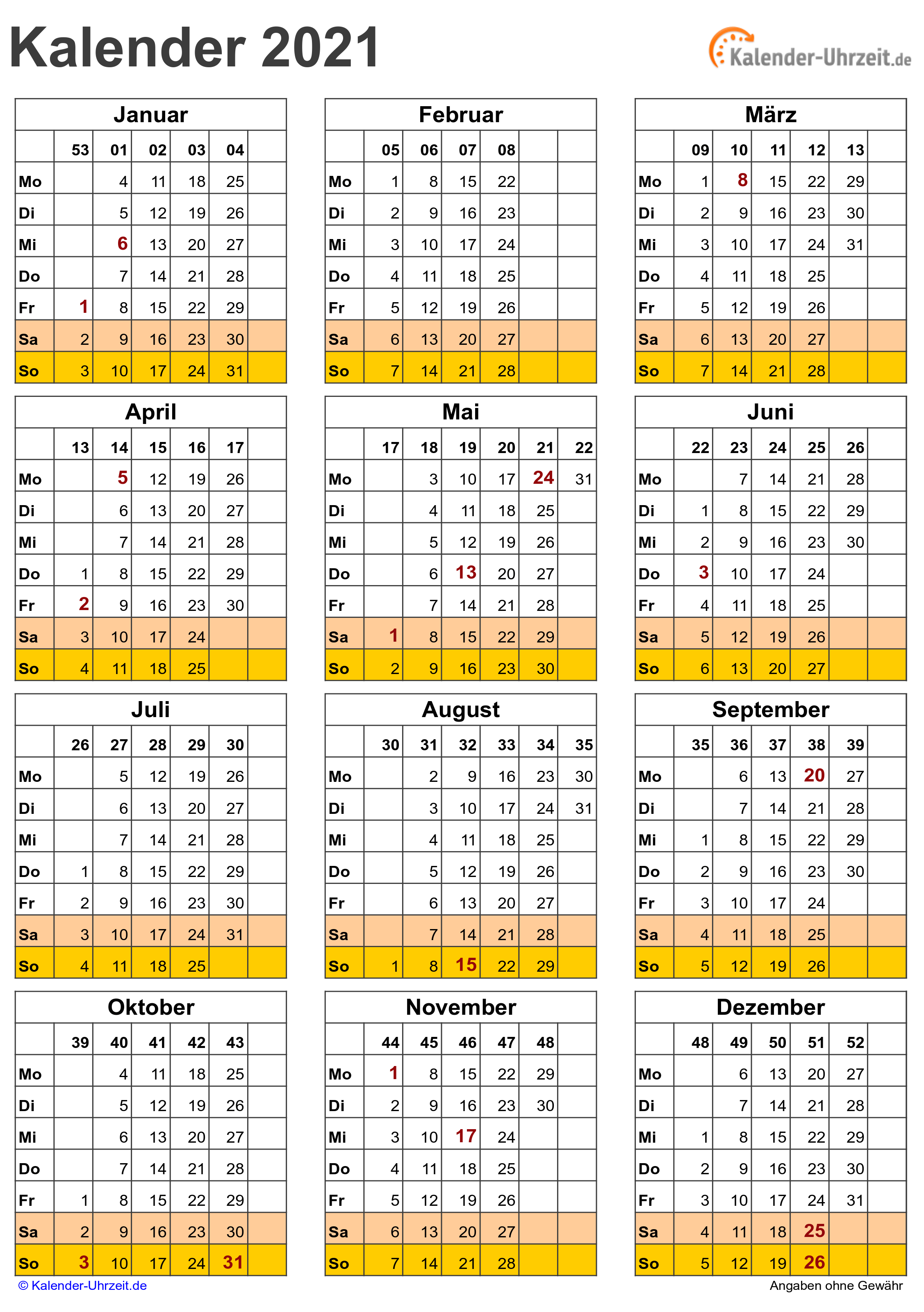 Kalender 2021 Zum Ausdrucken Kostenlos