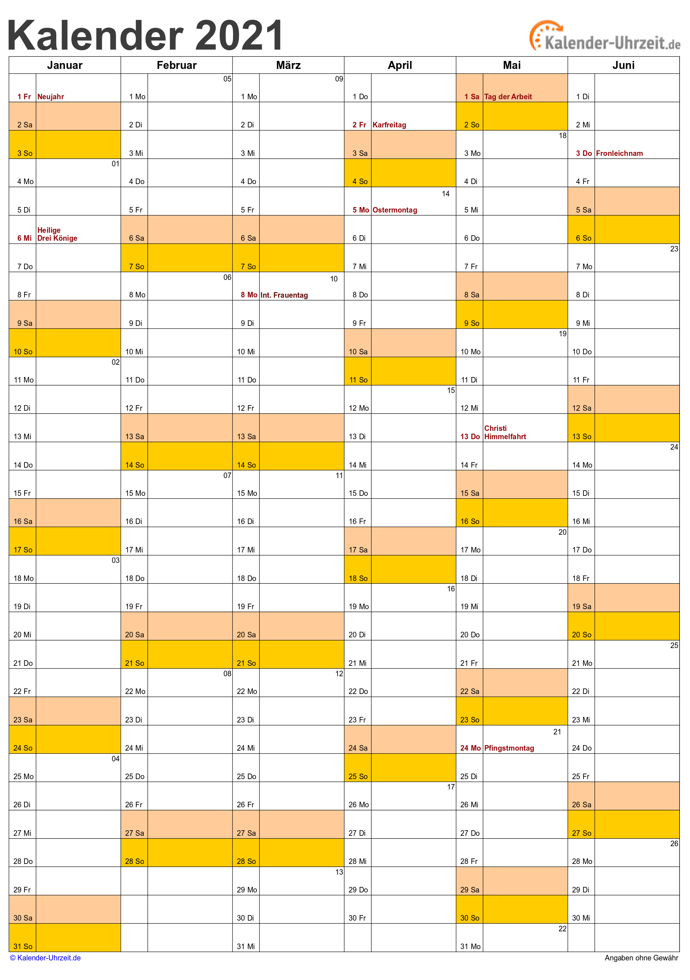 EXCEL-KALENDER 2021 - KOSTENLOS