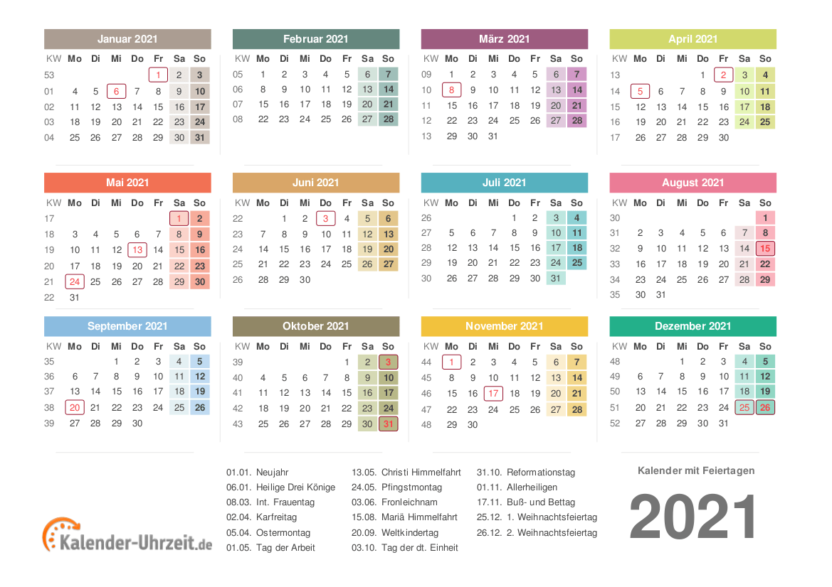Kalender 2021 mit Feiertage-Übersicht zum Ausdrucken Vorlage 3