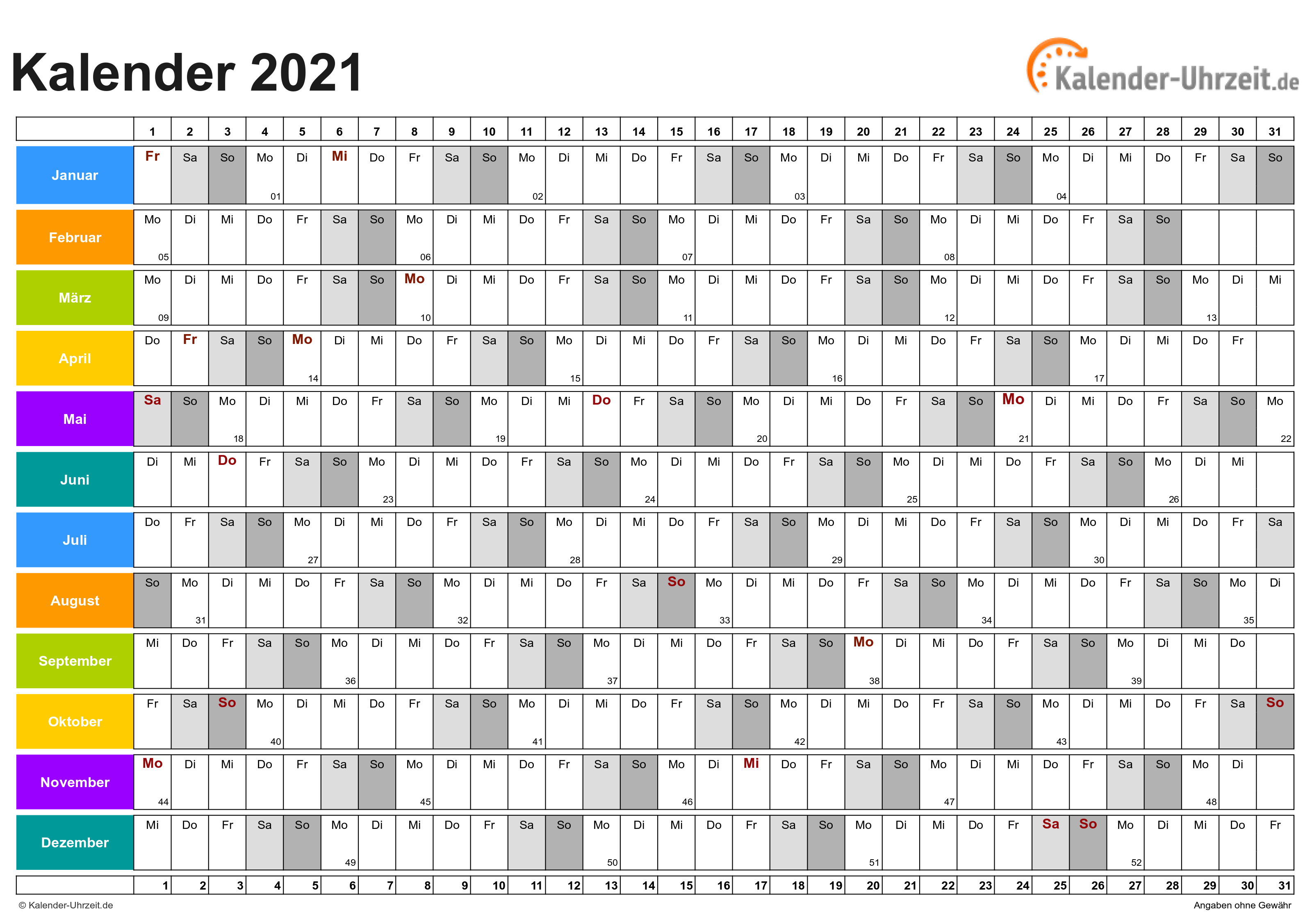 Jahreskalender 2021 - Excel-Vorlage 5 Vorschau