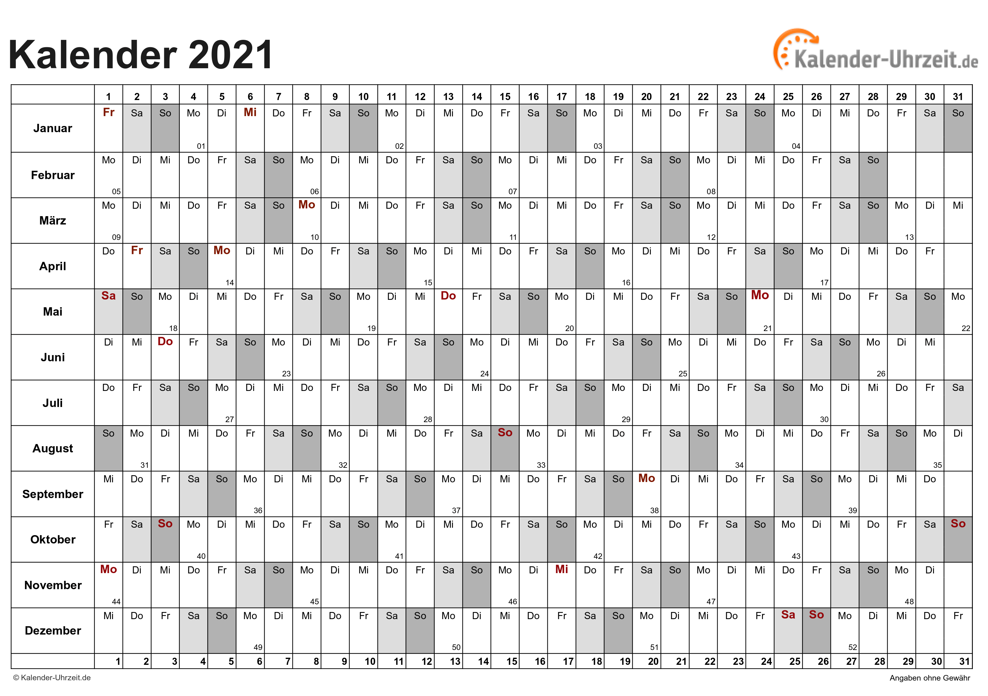 Jahreskalender 2021 - PDF-Vorlage 6 Vorschau