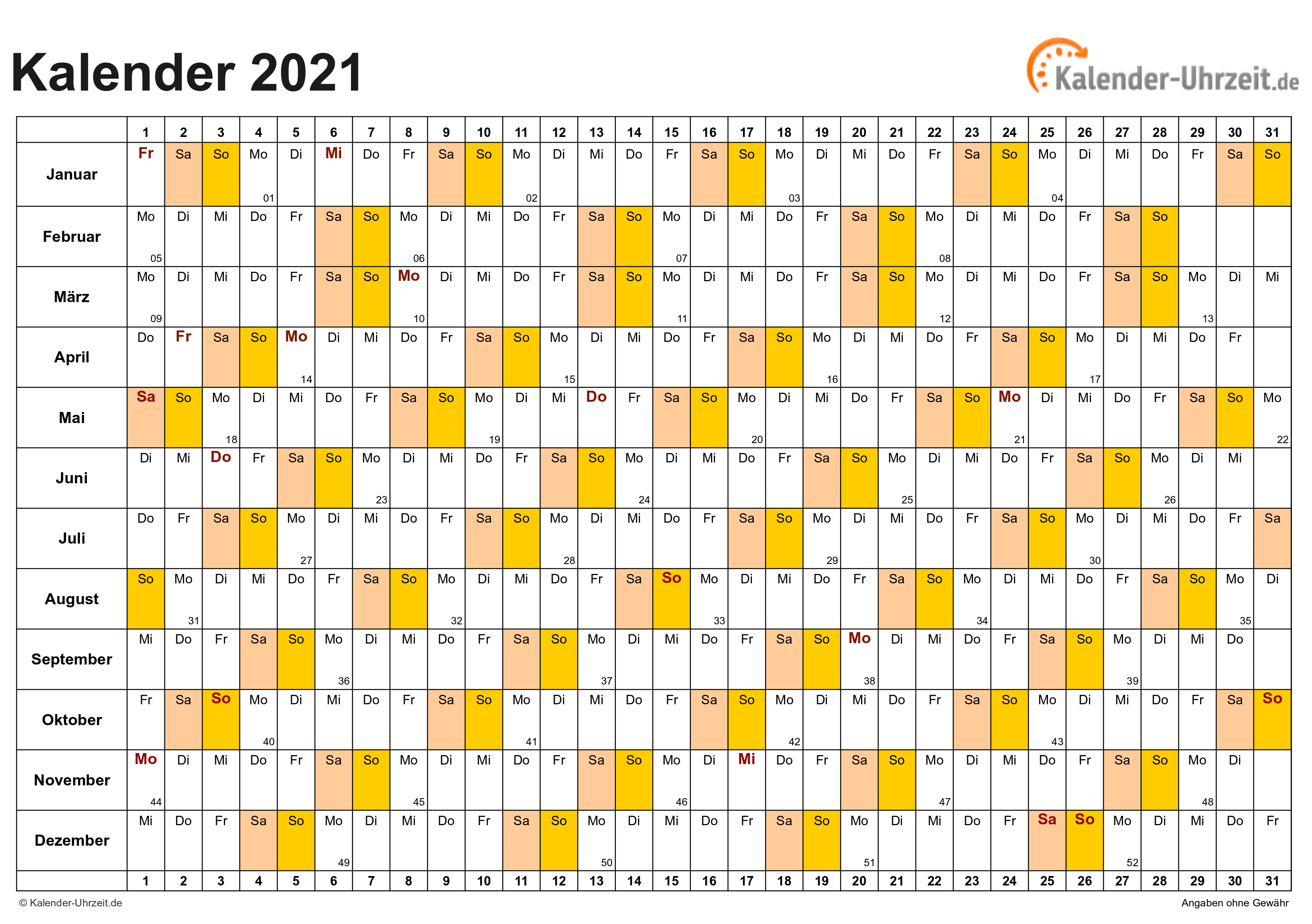 Jahreskalender 2021 - Excel-Vorlage 4 Vorschau