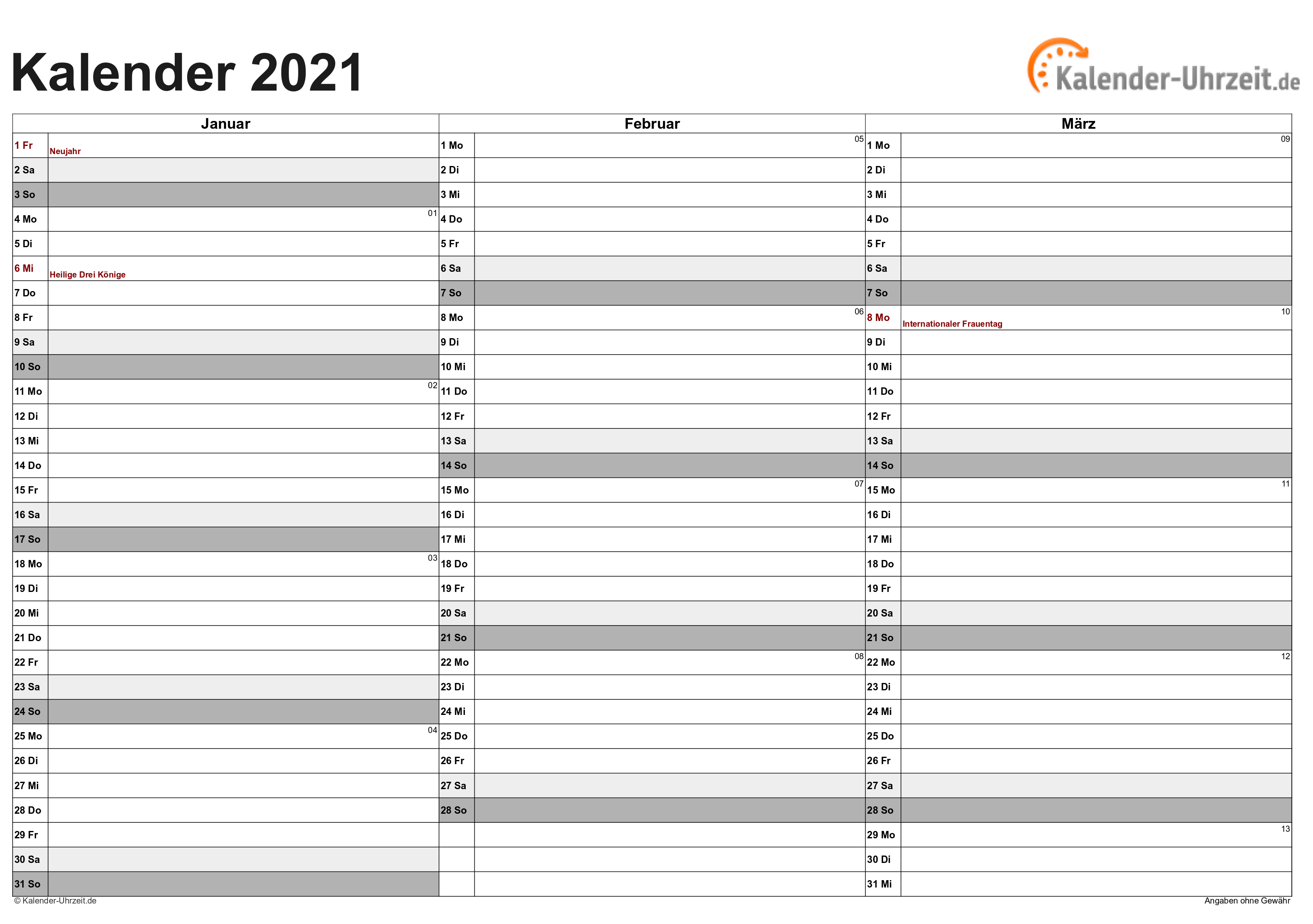 Quartalskalender 2021 - Excel-Vorlage 3 Vorschau