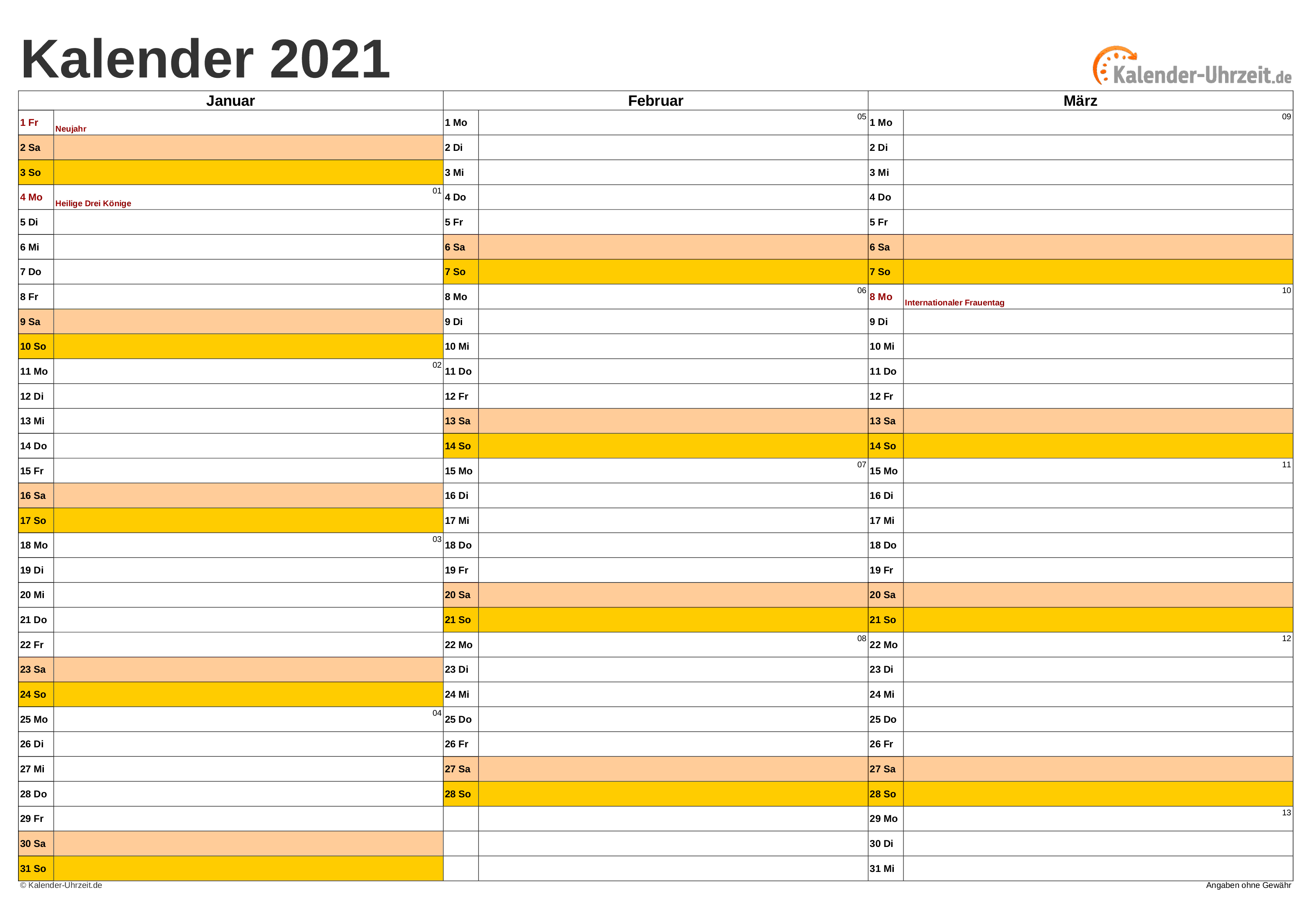 Quartalskalender 2021 - Excel-Vorlage 1 Vorschau