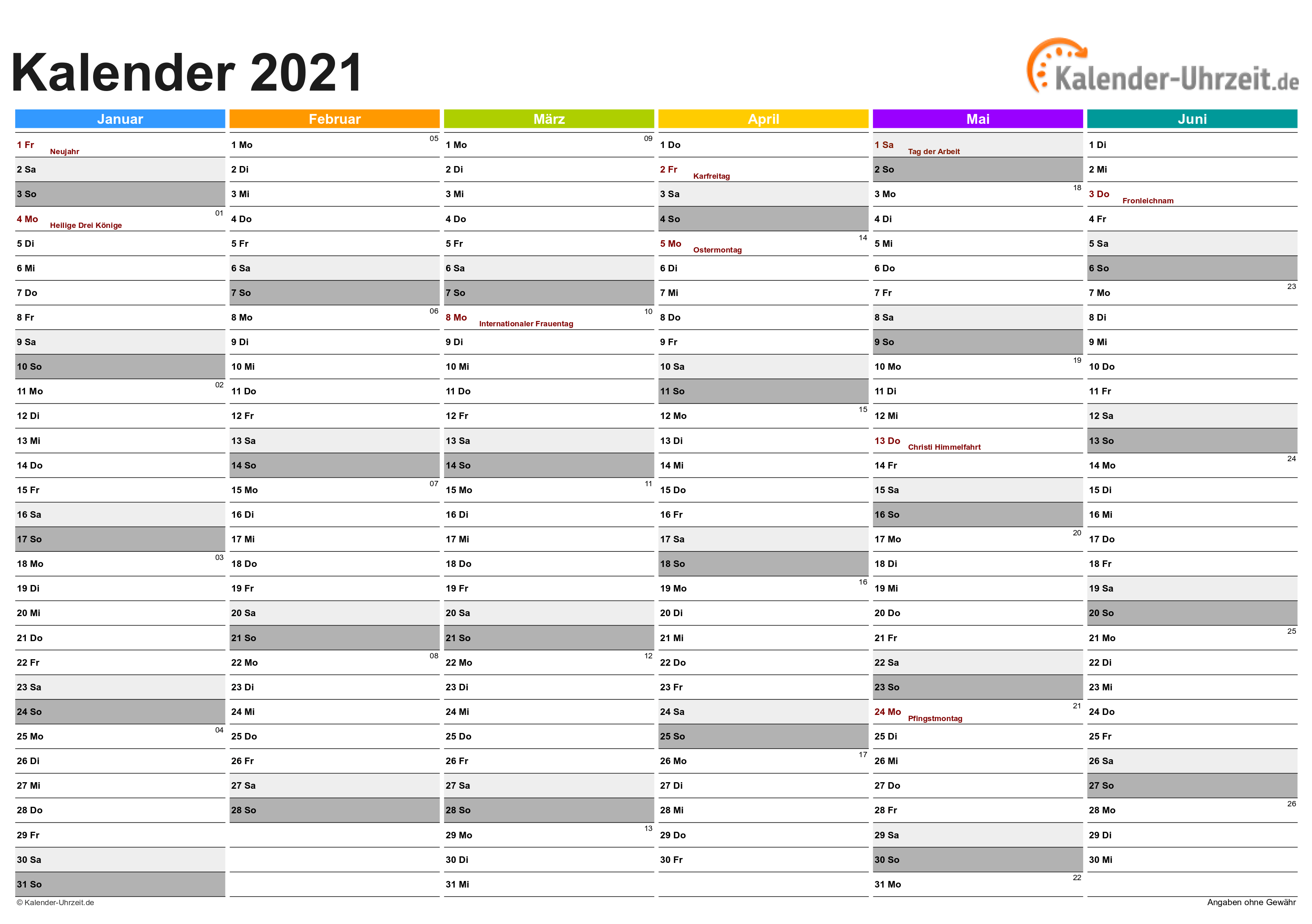 Halbjahreskalender 2021 - Excel-Vorlage 2 Vorschau