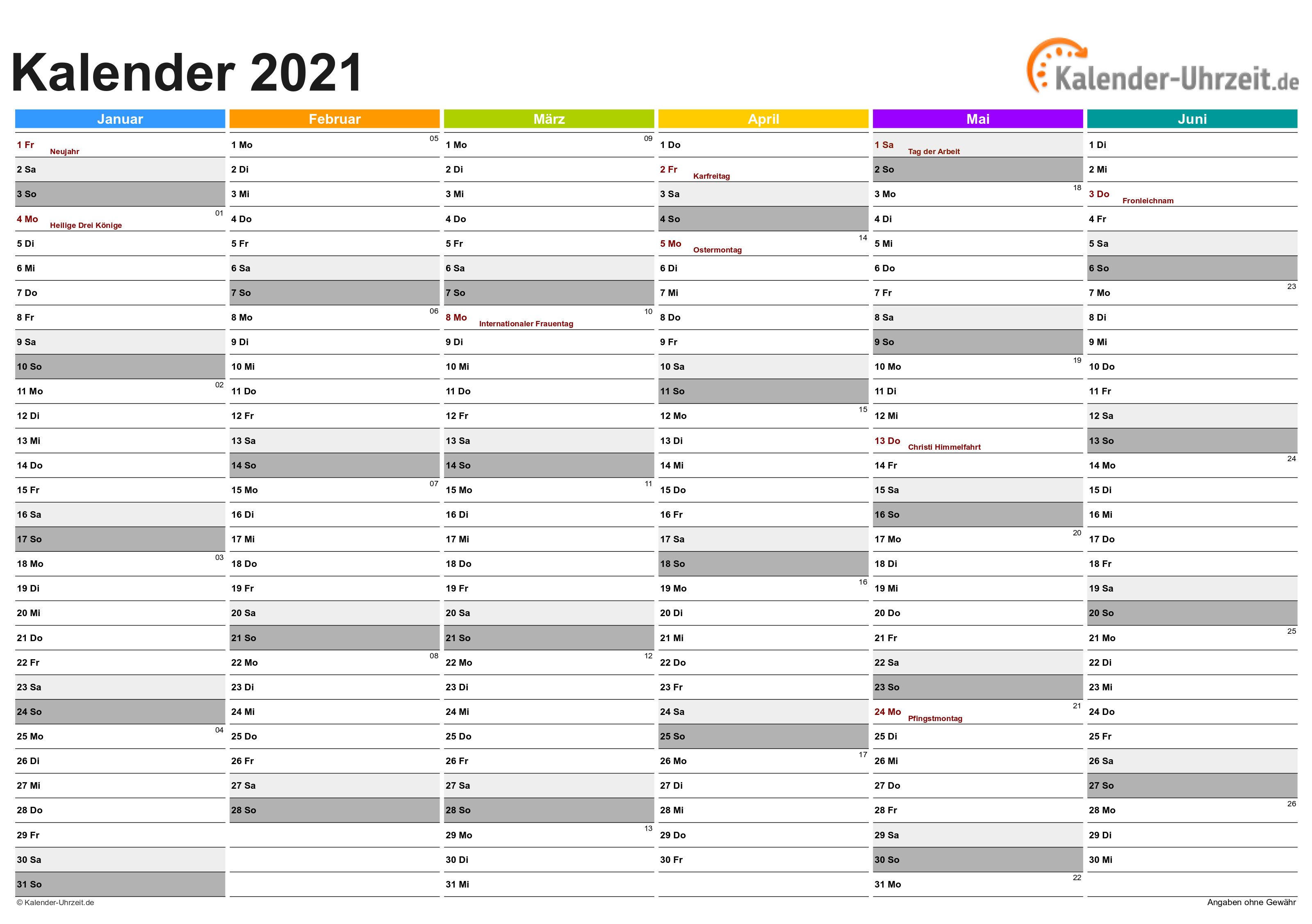 KALENDER 2021 ZUM AUSDRUCKEN - KOSTENLOS