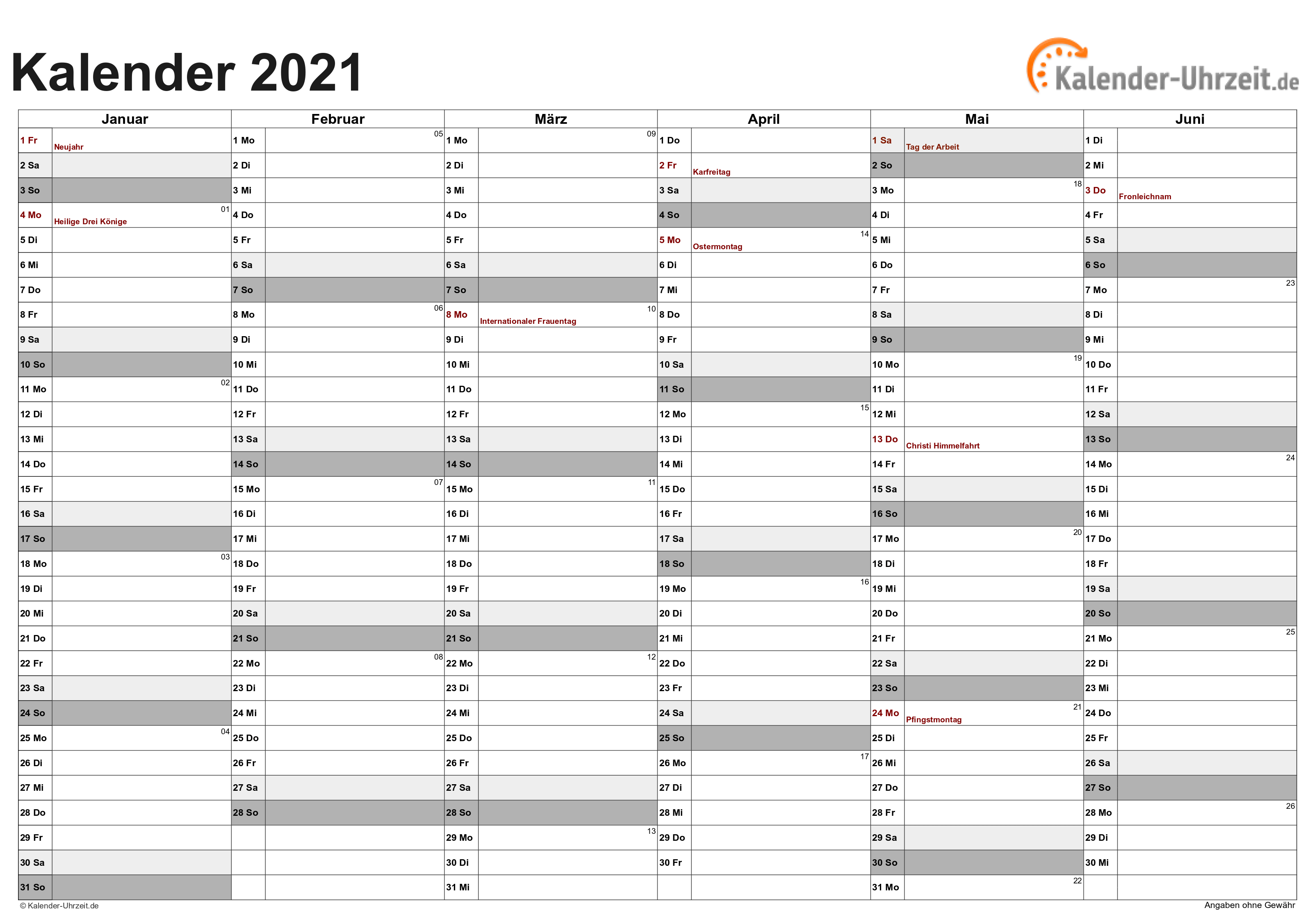 Halbjahreskalender 2021 - Excel-Vorlage 3 Vorschau
