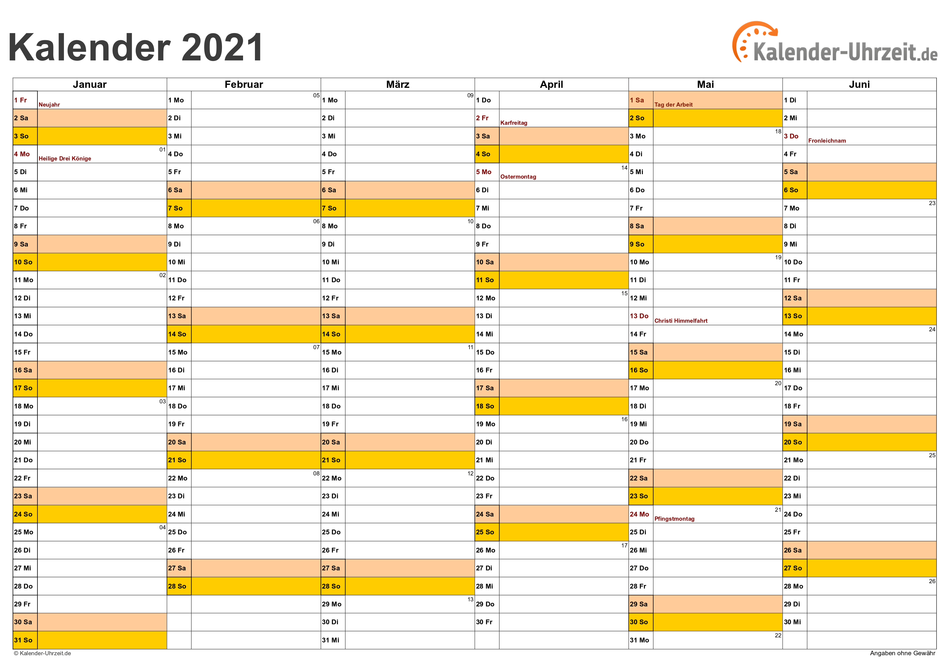 Halbjahreskalender 2021 - Excel-Vorlage 1 Vorschau