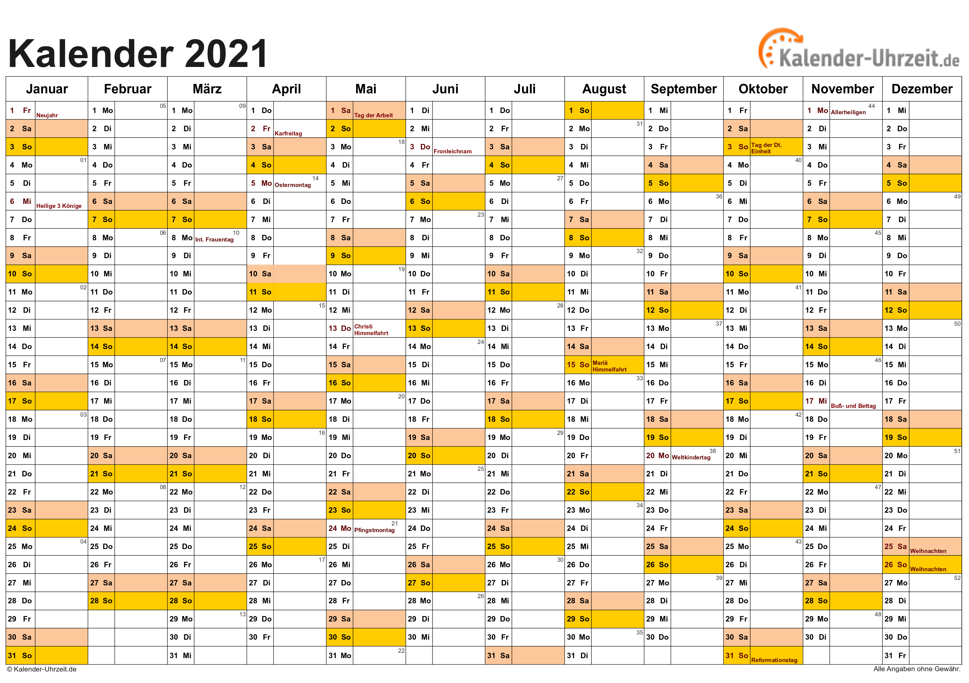 Kalender 2021 mit Feiertagen