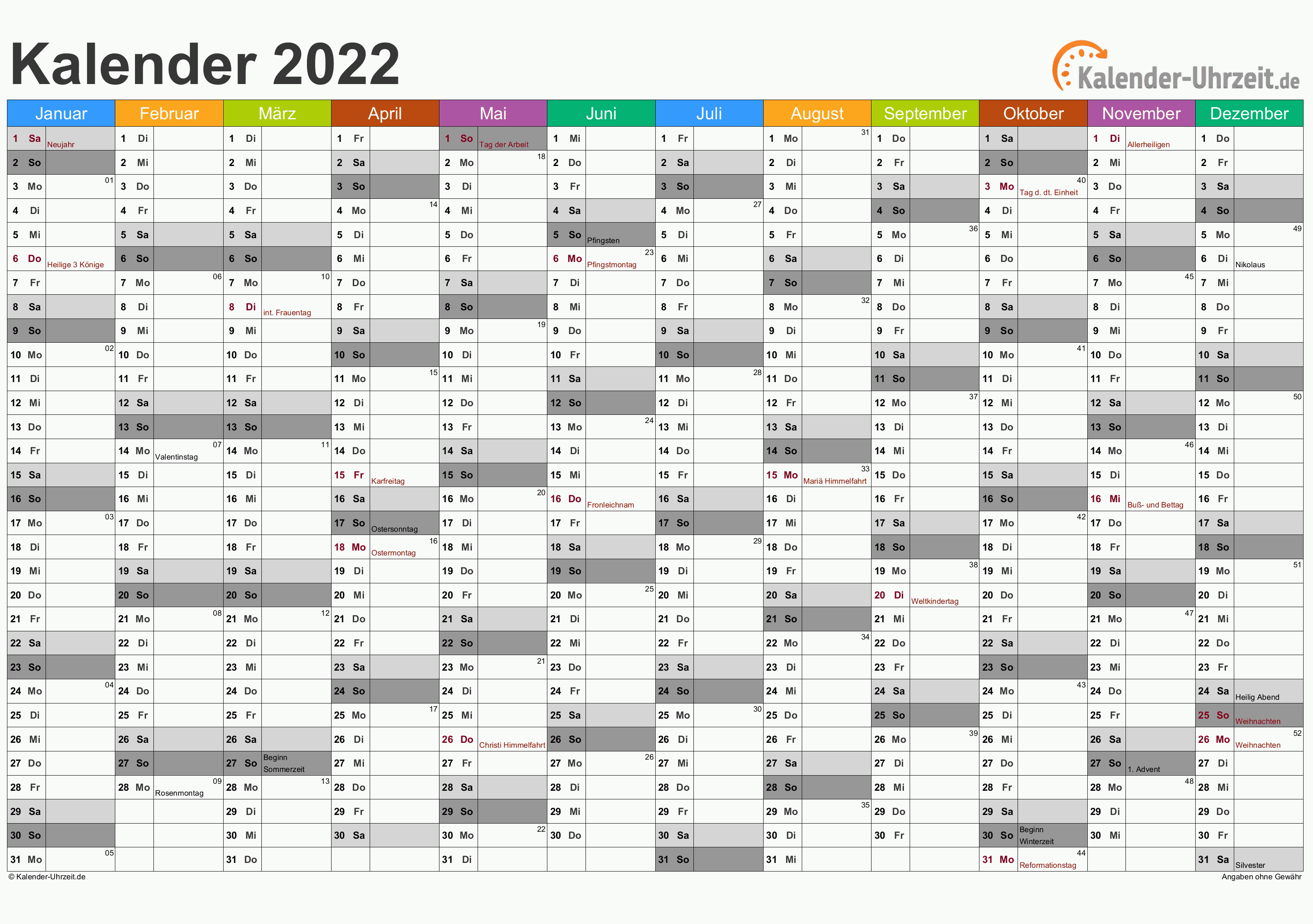 Jahreskalender 2022 - Excel-Vorlage 2 Vorschau