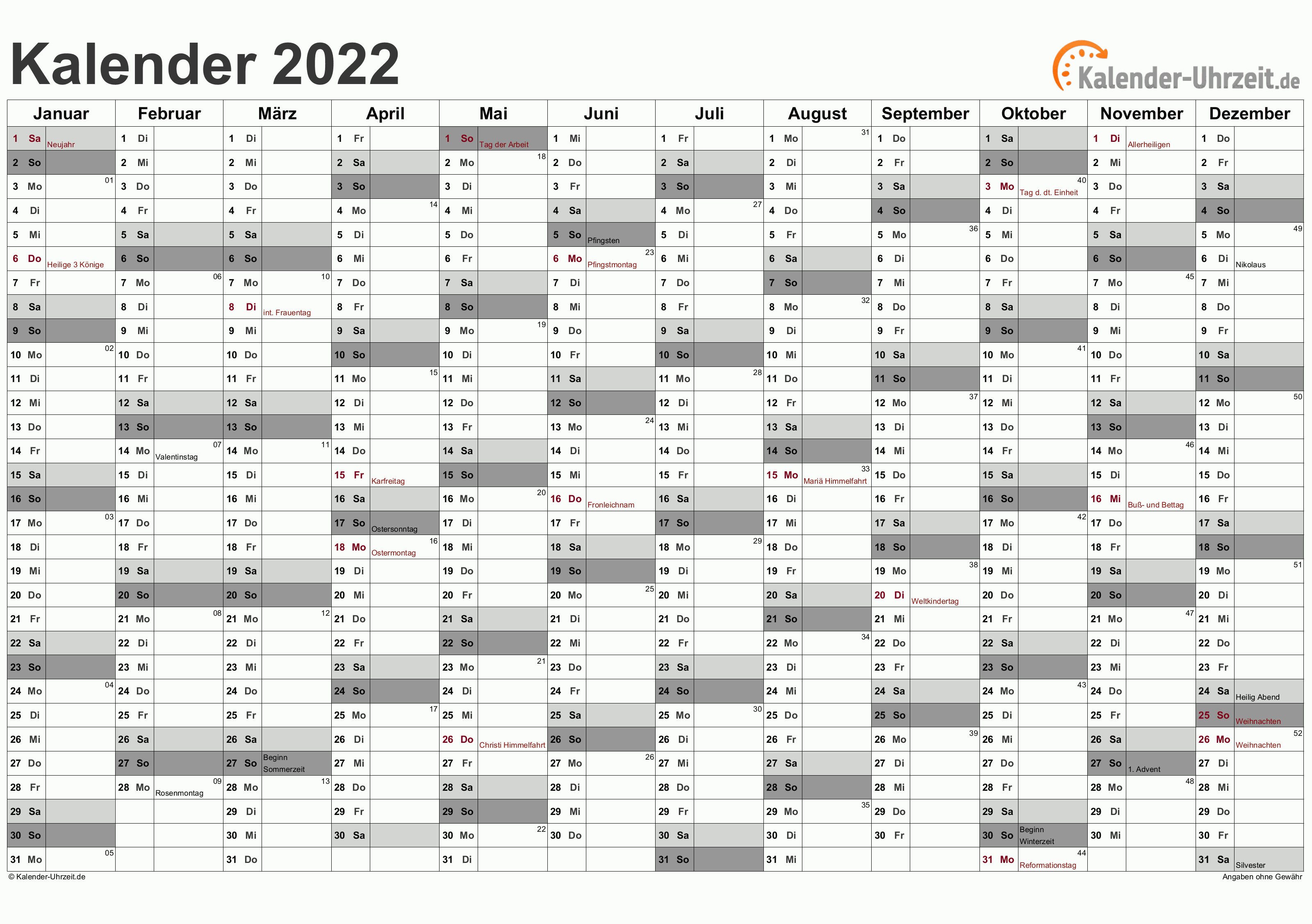 EXCEL KALENDER 2022 KOSTENLOS. www.kalender-uhrzeit.de. 