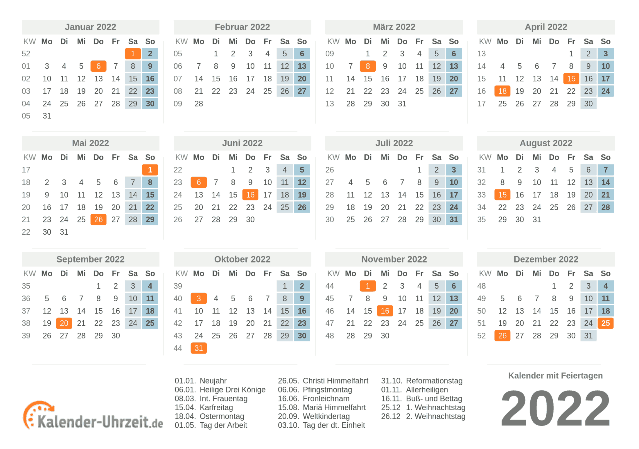 Kalender 2022 mit Feiertage-Übersicht zum Ausdrucken Vorlage 1