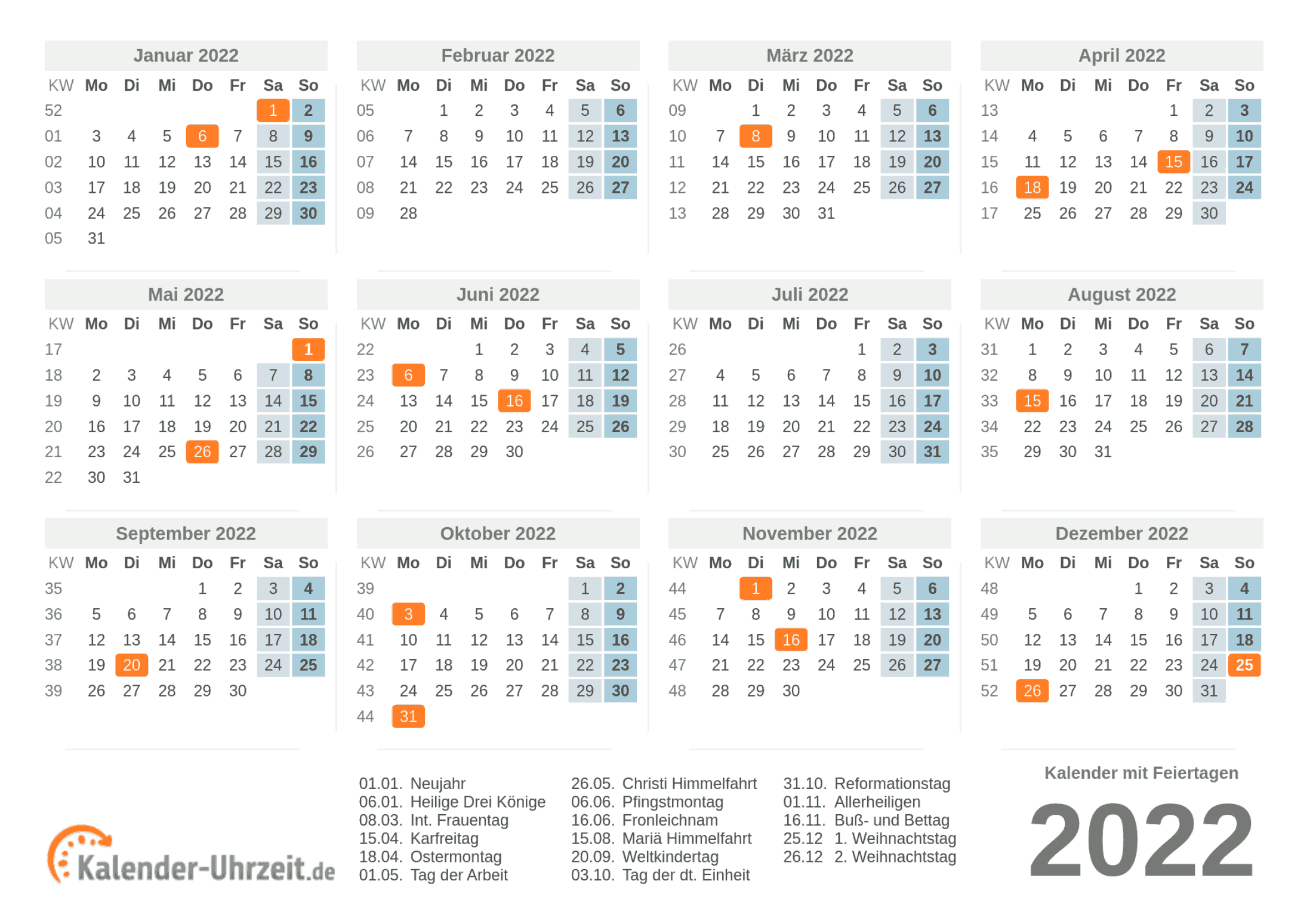  Kalender  2022  mit Feiertagen