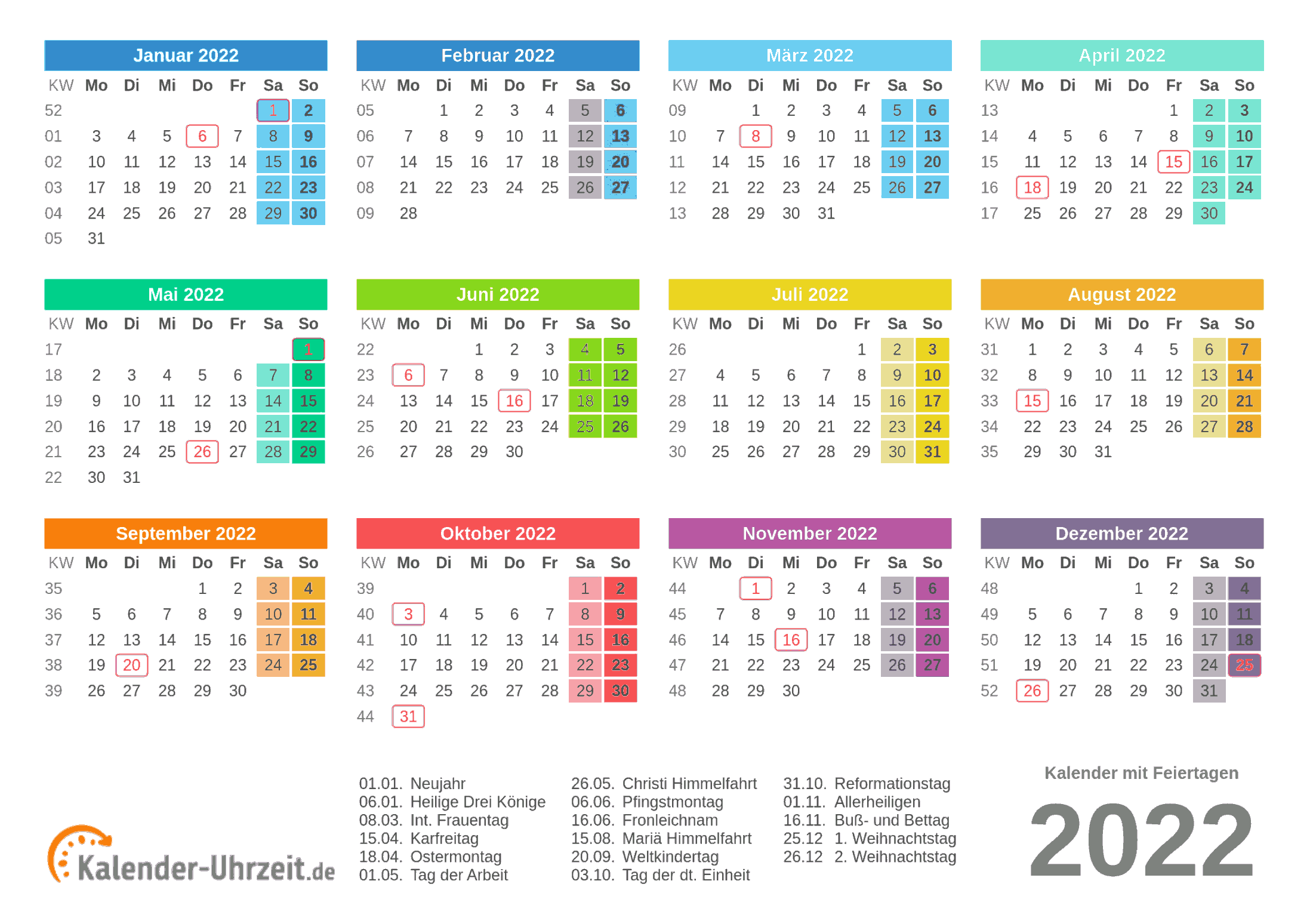  Kalender  2022  mit  Feiertagen 