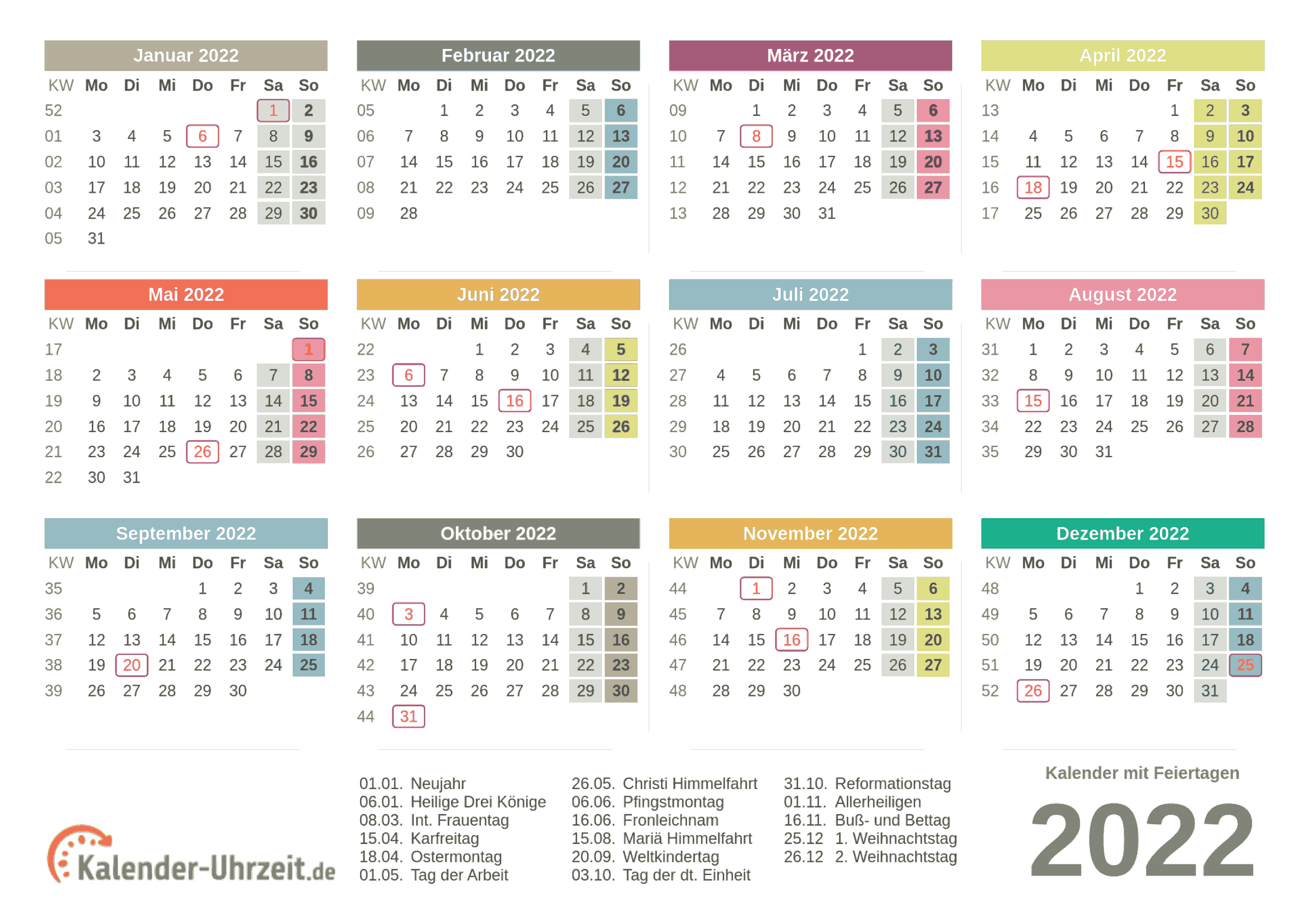 Kalender 2022 mit Feiertage-Übersicht zum Ausdrucken Vorlage 3