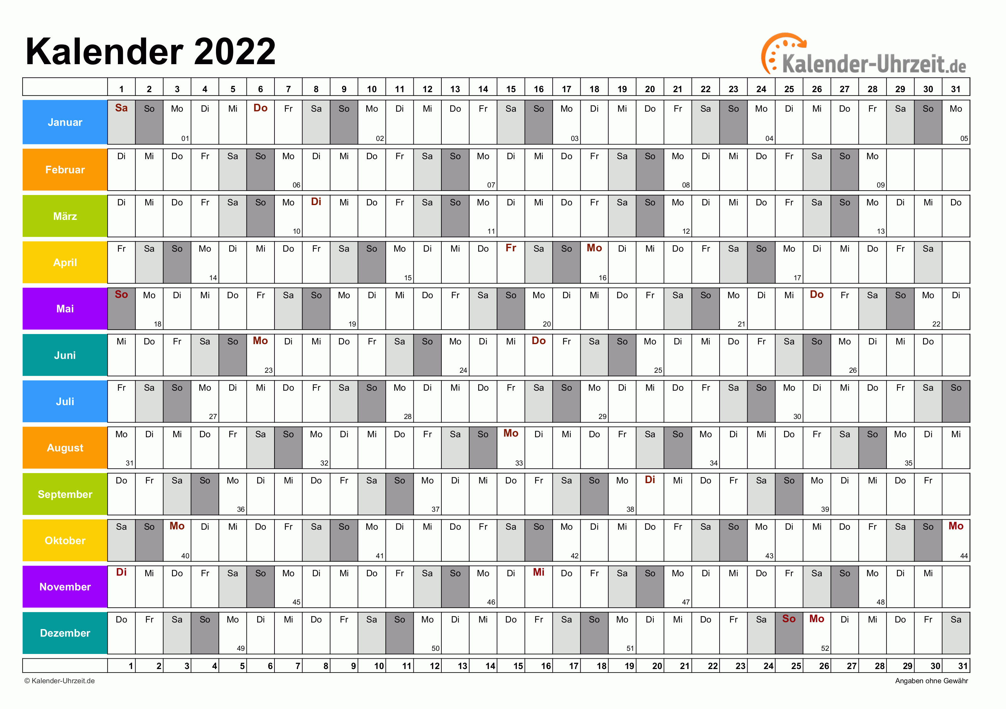 Jahreskalender 2022 - Excel-Vorlage 5 Vorschau