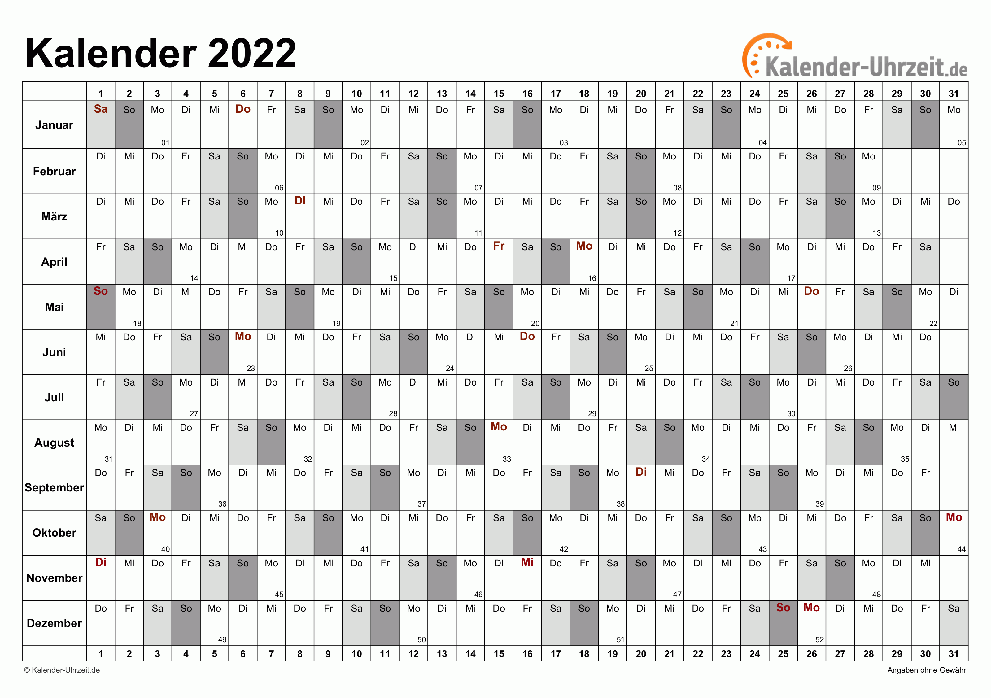 Jahreskalender 2022 - Excel-Vorlage 6 Vorschau