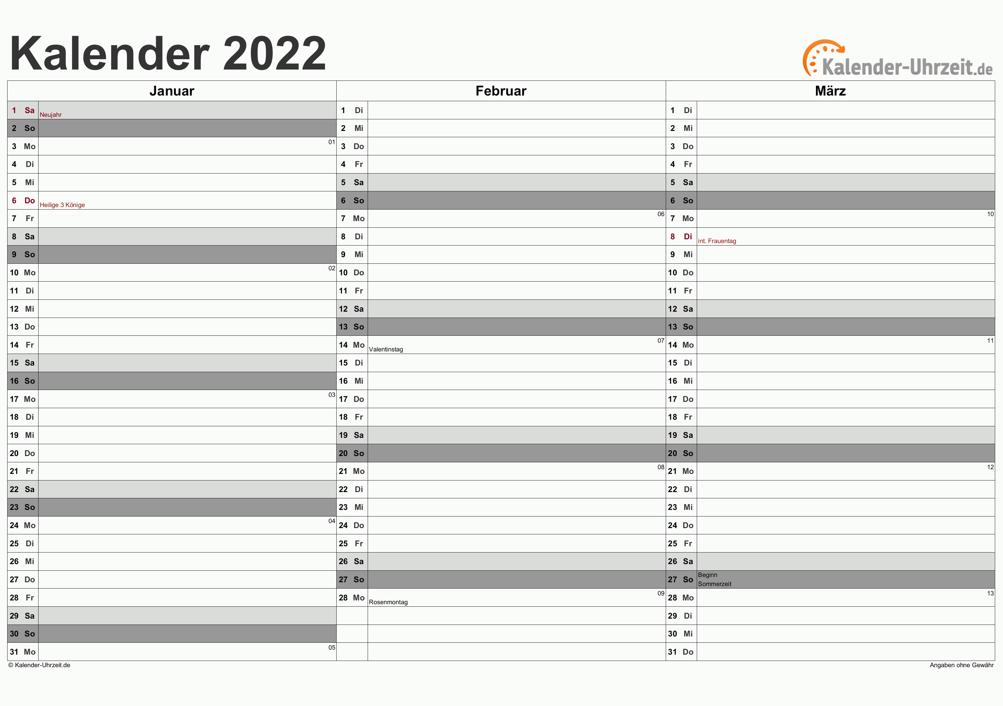 Quartalskalender 2022 - Excel-Vorlage 3 Vorschau