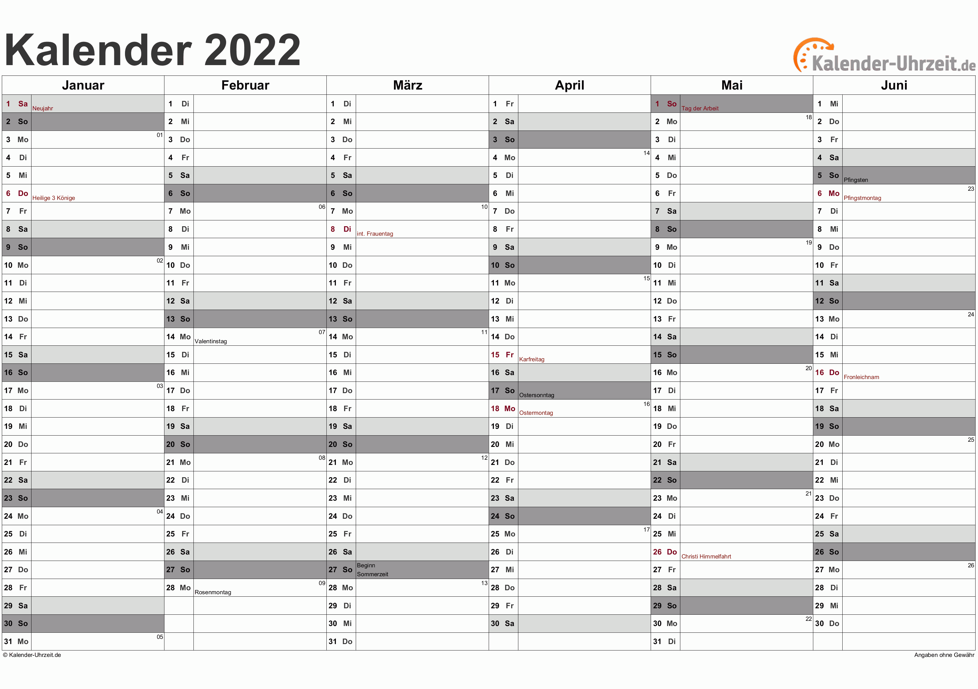 Halbjahreskalender 2022 - PDF-Vorlage 3 Vorschau