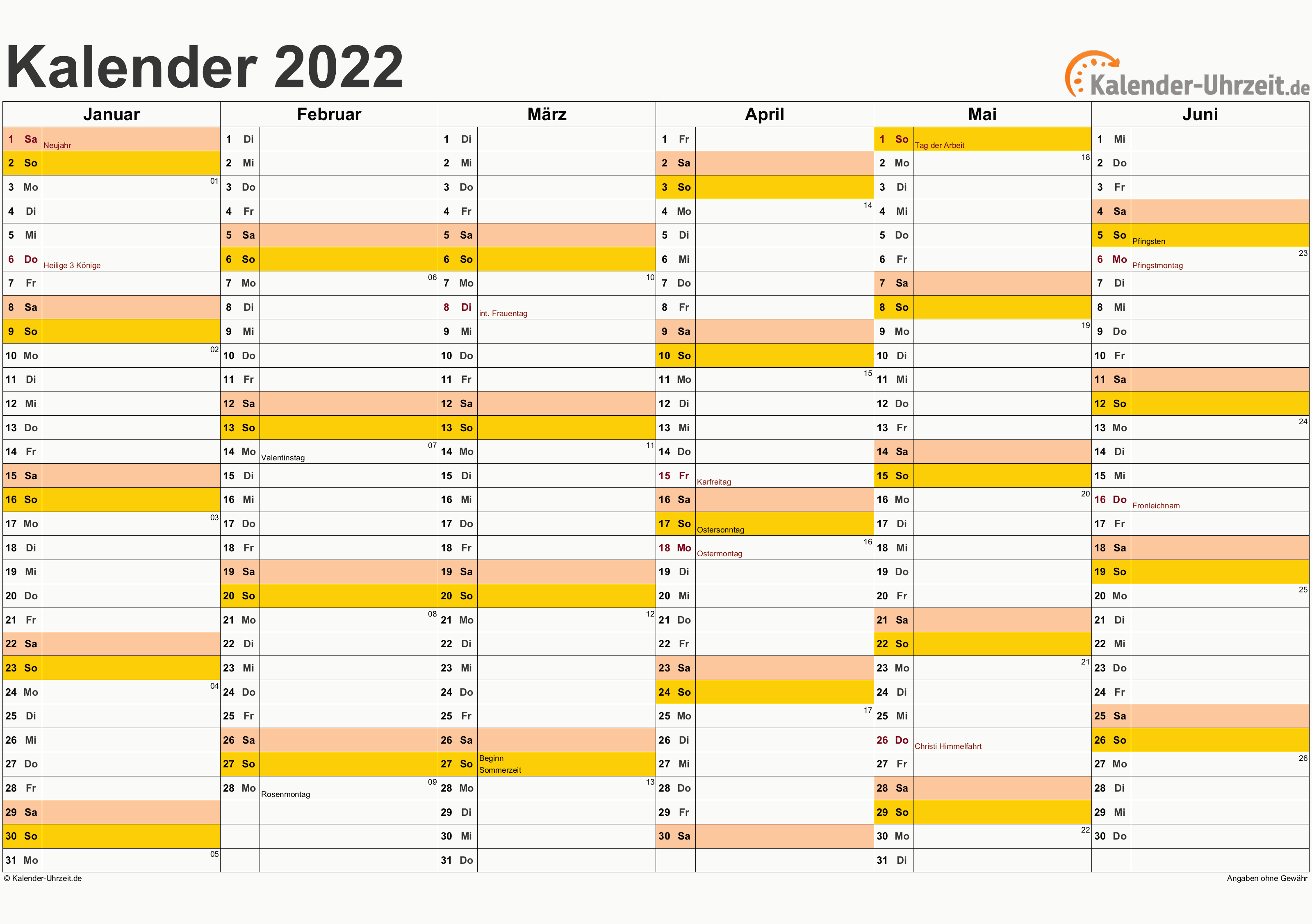 Halbjahreskalender 2022Vorlage
