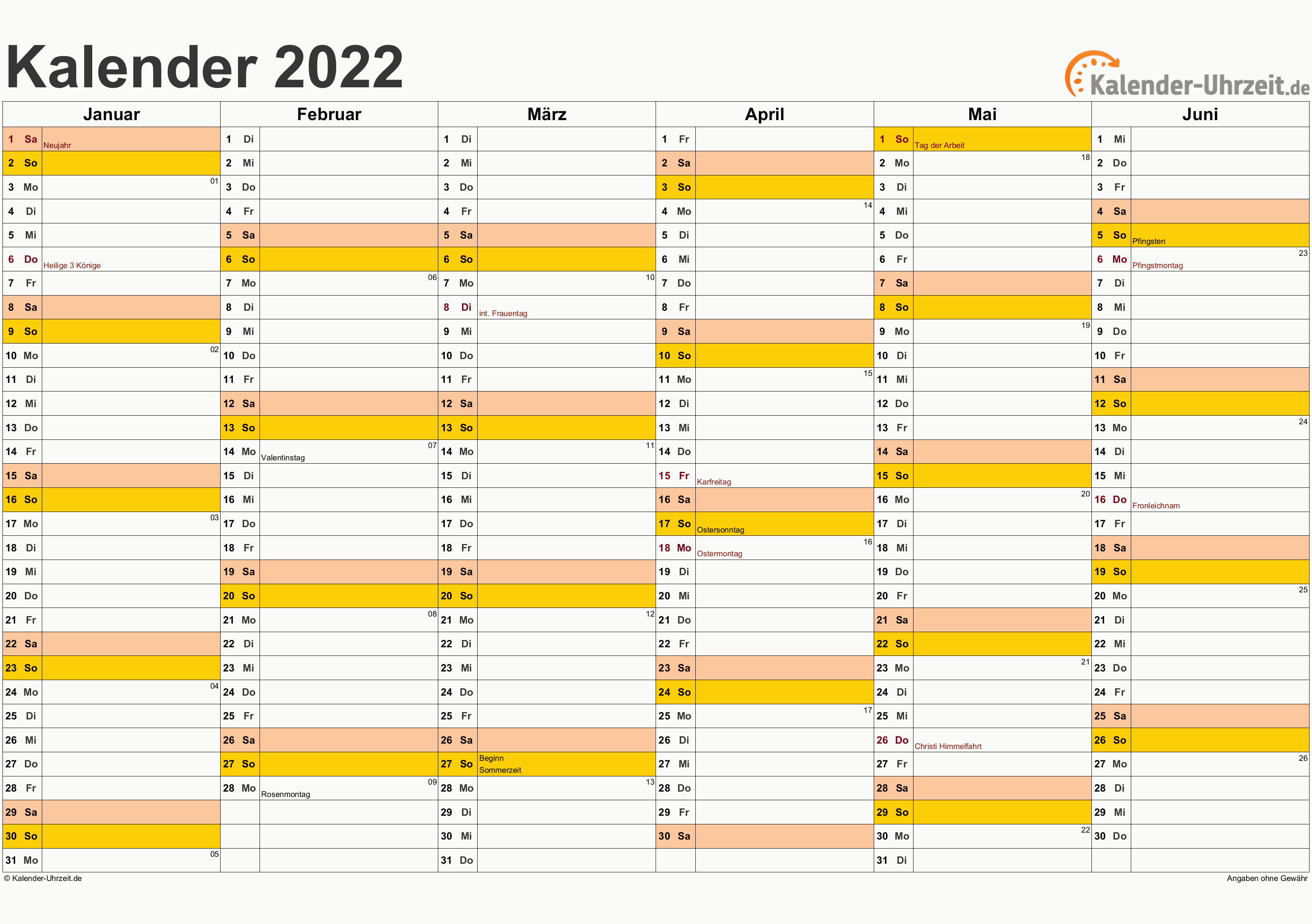  Kalender  2022  mit Feiertagen