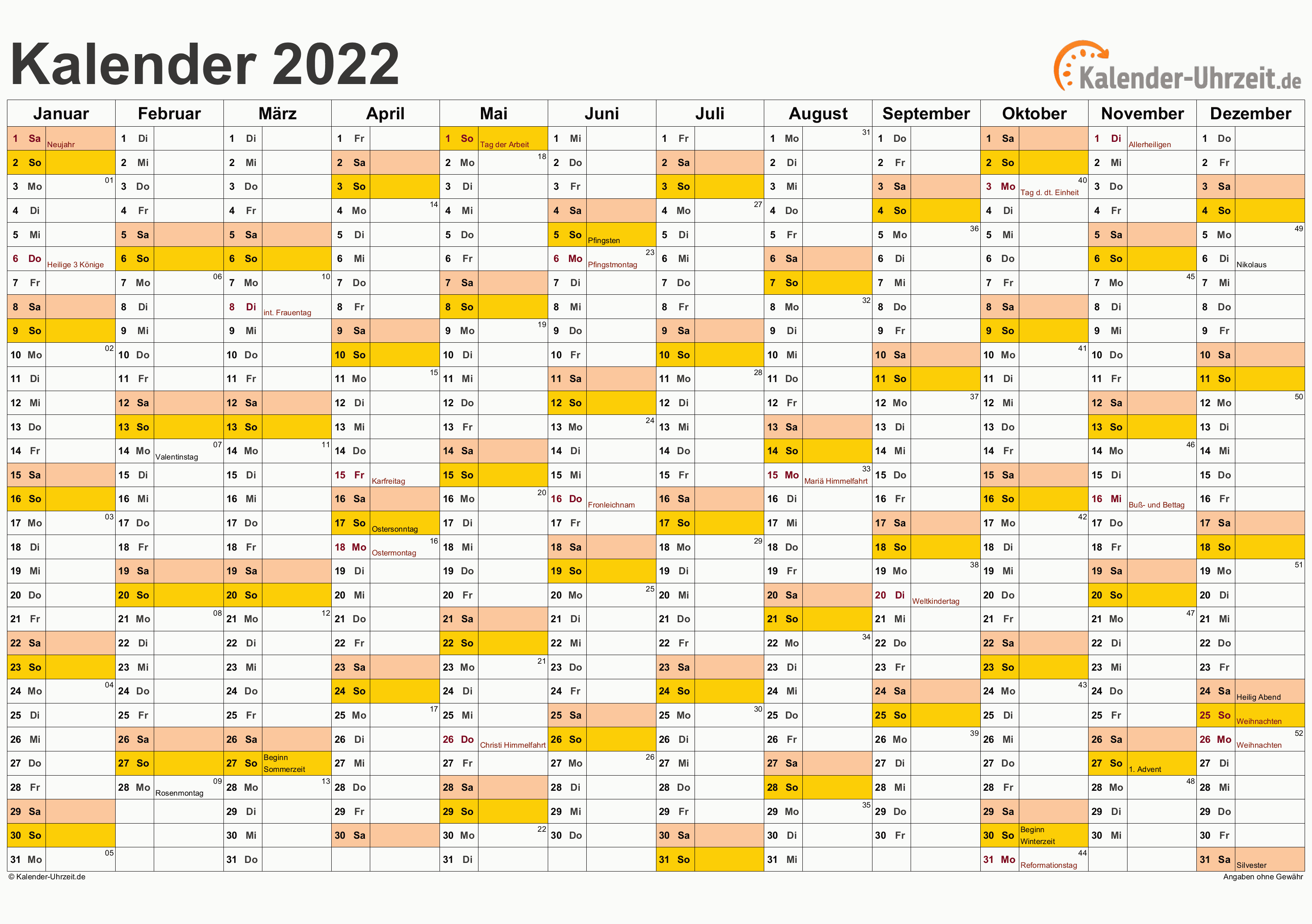 Jahreskalender 2022 - Excel-Vorlage 1 Vorschau