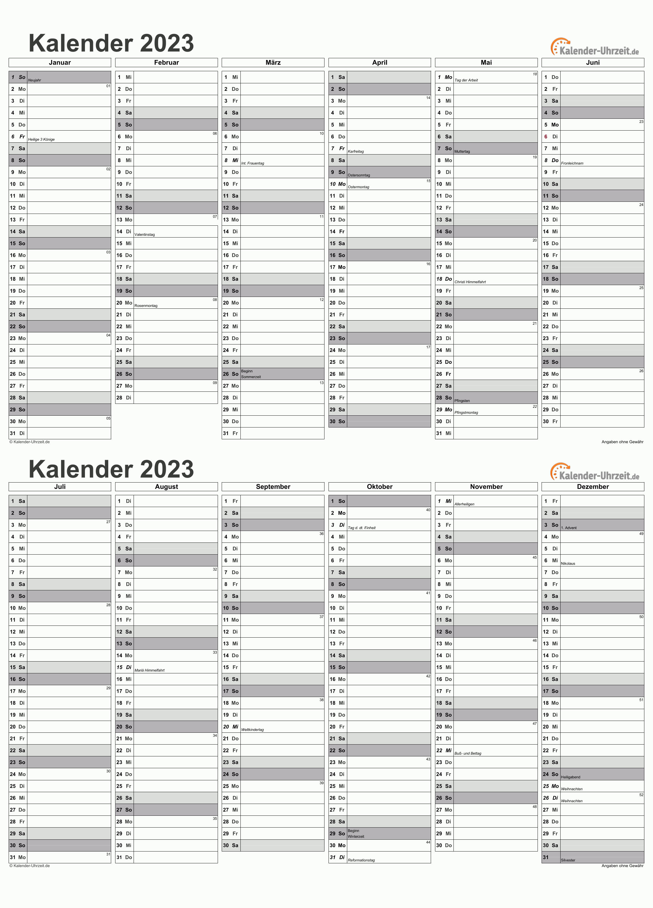 KALENDER 2023 ZUM AUSDRUCKEN - KOSTENLOS