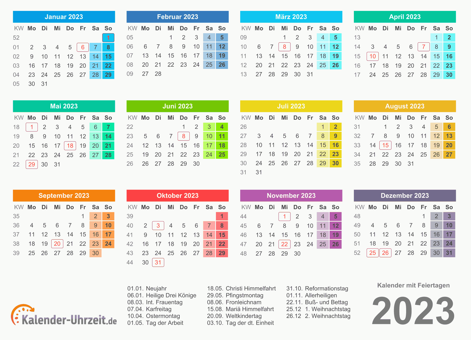 Kalender 2023 mit Feiertage-Übersicht zum Ausdrucken Vorlage 2