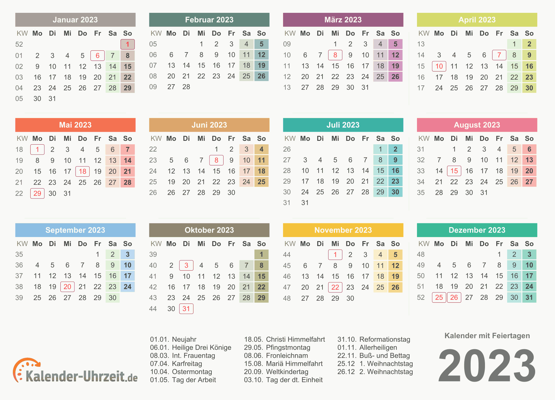 Kalender 2023 mit Feiertagen - PDF-Vorlage 3 Vorschau