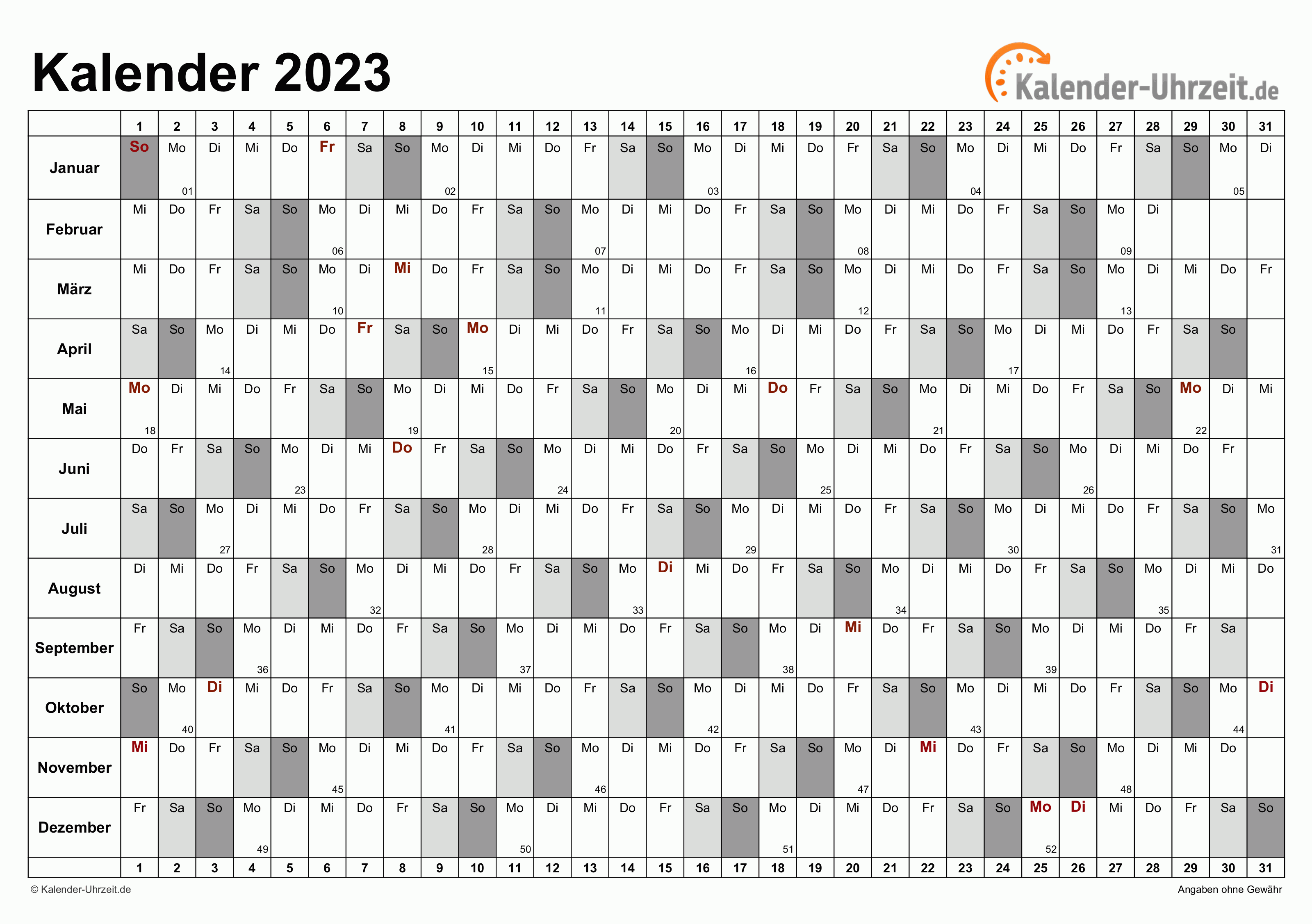 Jahreskalender 2023 - Excel-Vorlage 6 Vorschau