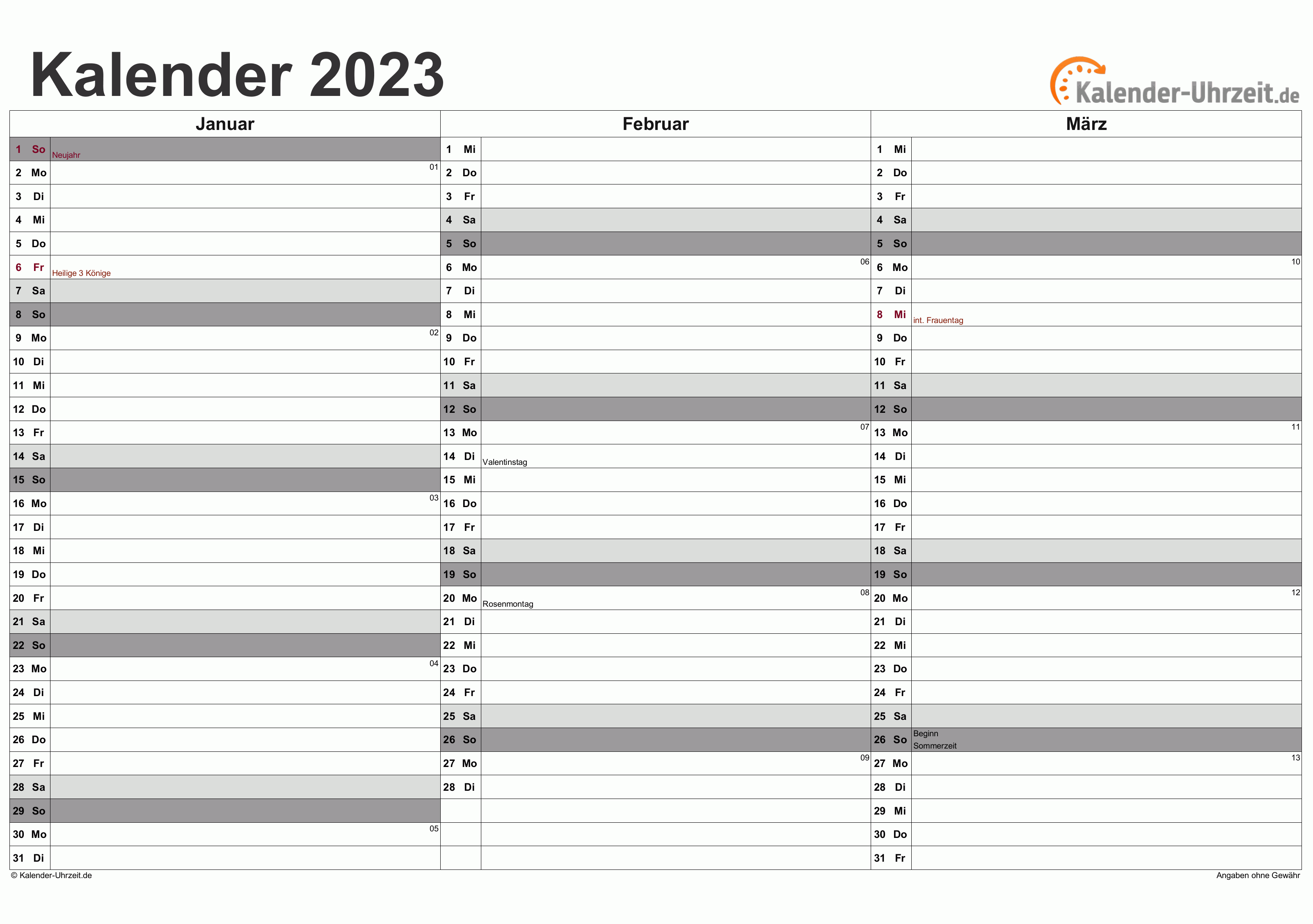 Quartalskalender 2023 - Excel-Vorlage 3 Vorschau