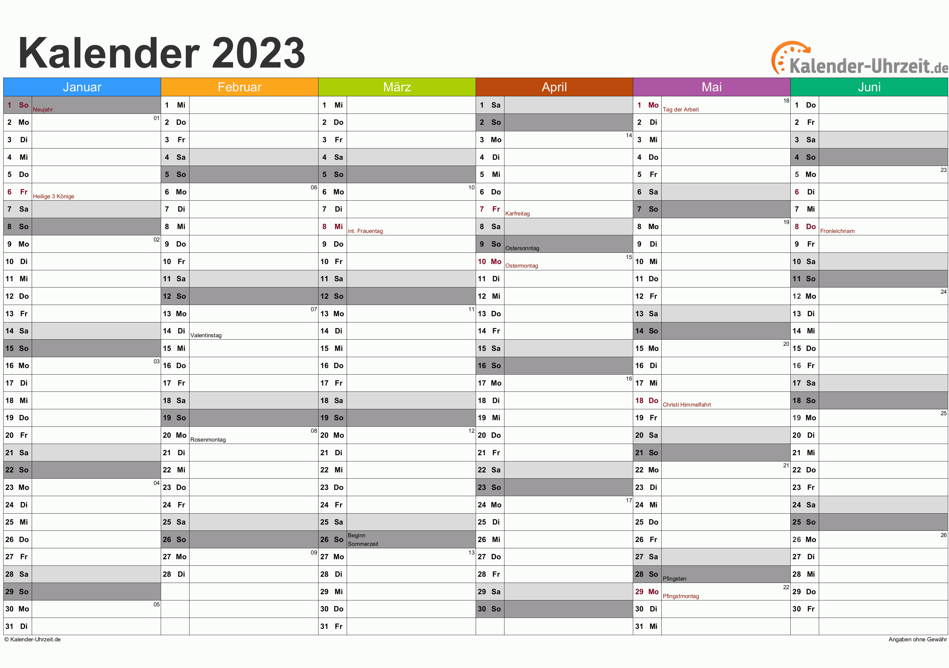 Halbjahreskalender 2023 - Excel-Vorlage 2 Vorschau