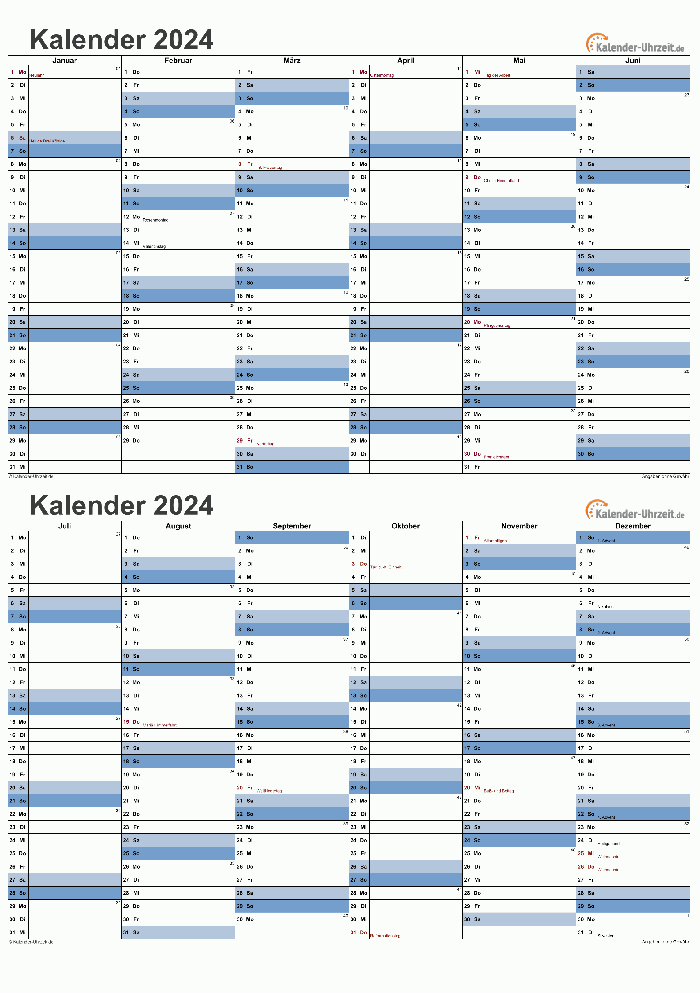 Kalender 2024 A5-Excel-Vorlage 2 Vorschau