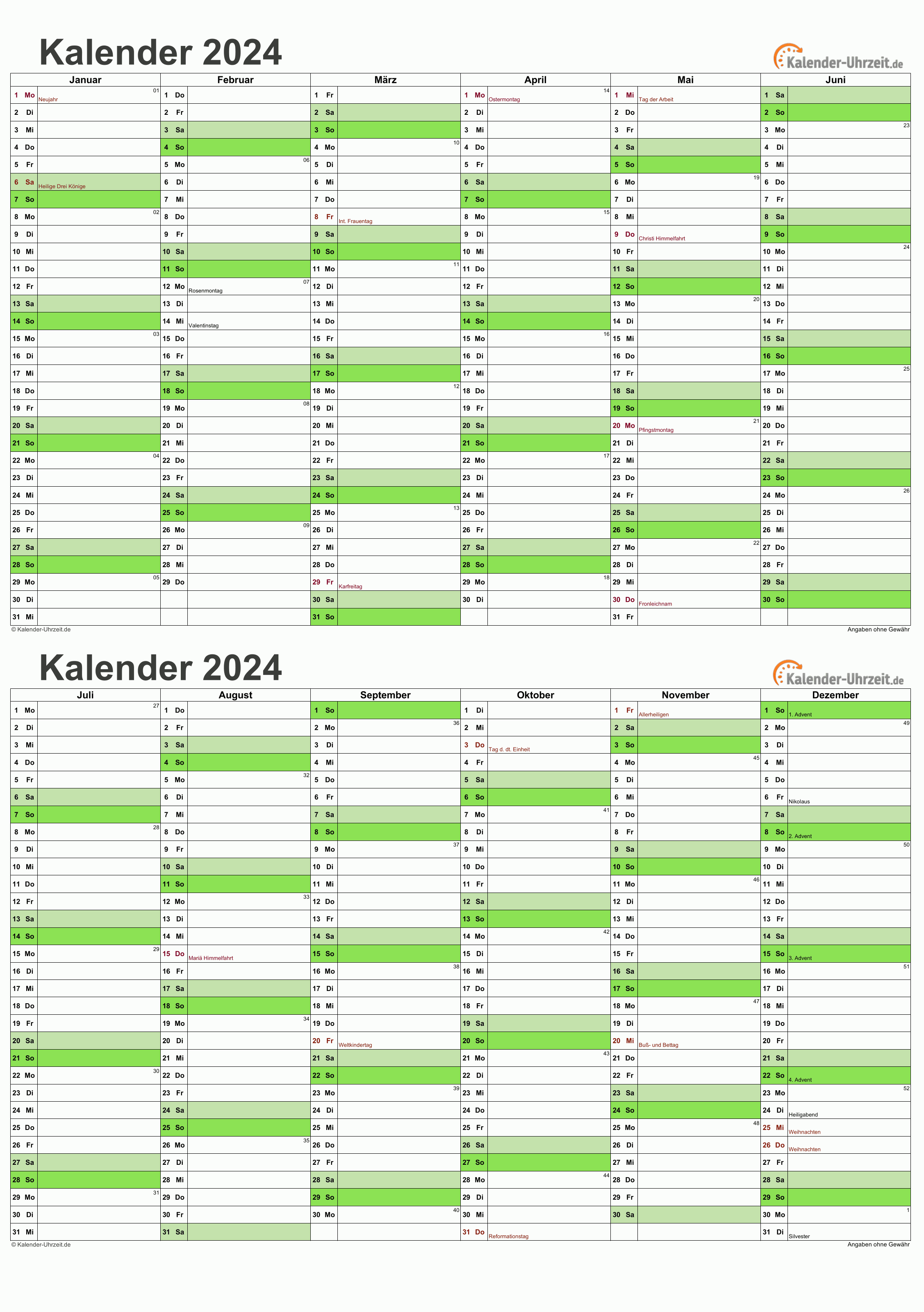Kalender 2024 A5-Excel-Vorlage 3 Vorschau