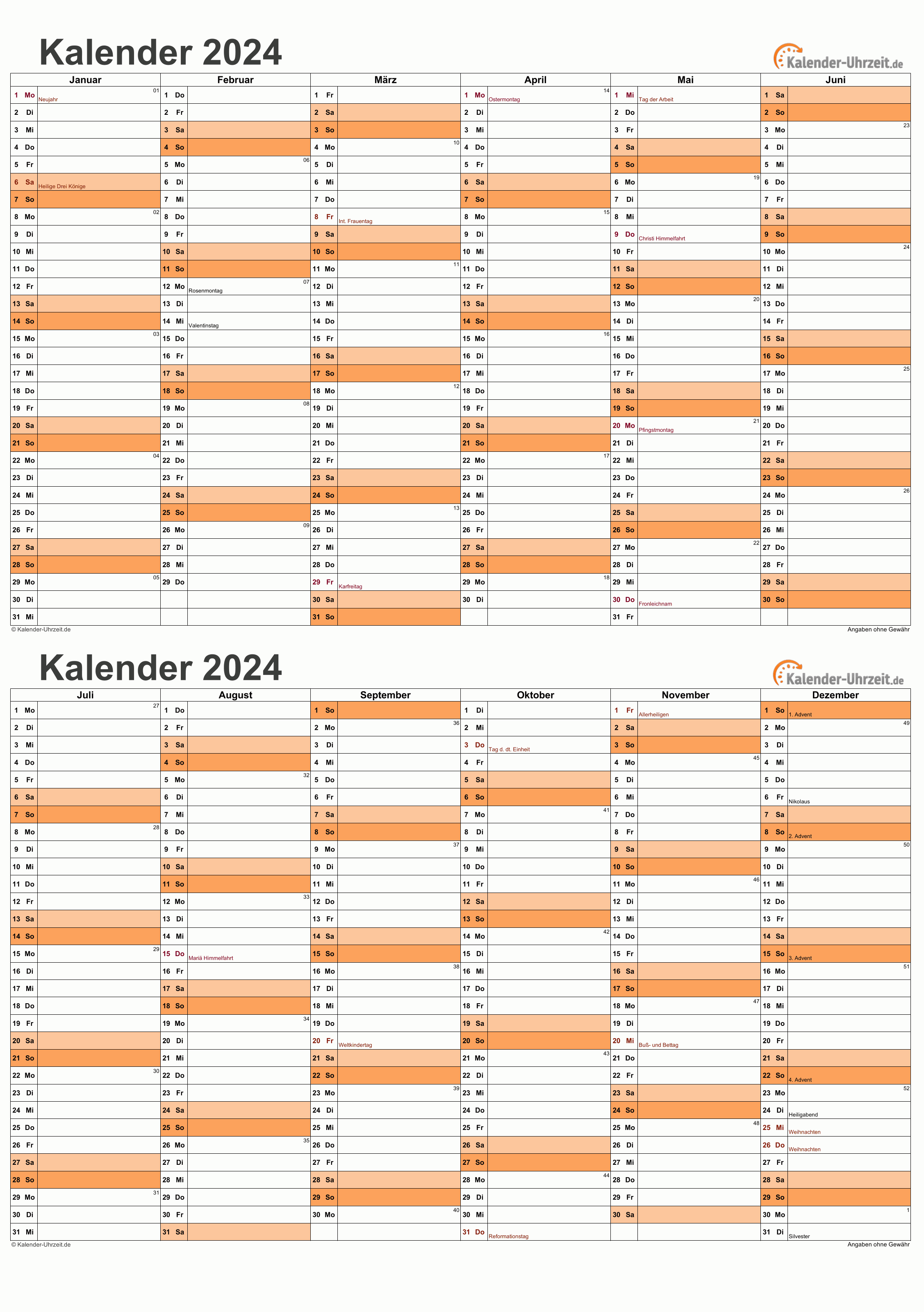 Kalender 2024 A5-Excel-Vorlage 1 Vorschau