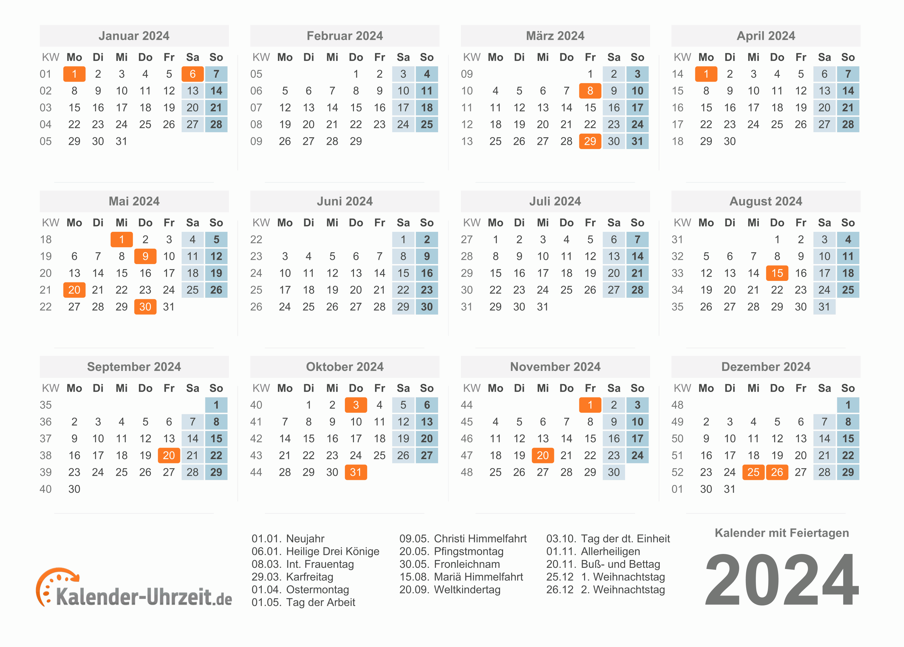 Kalender 2024 mit Feiertagen - PDF-Vorlage 1 Vorschau