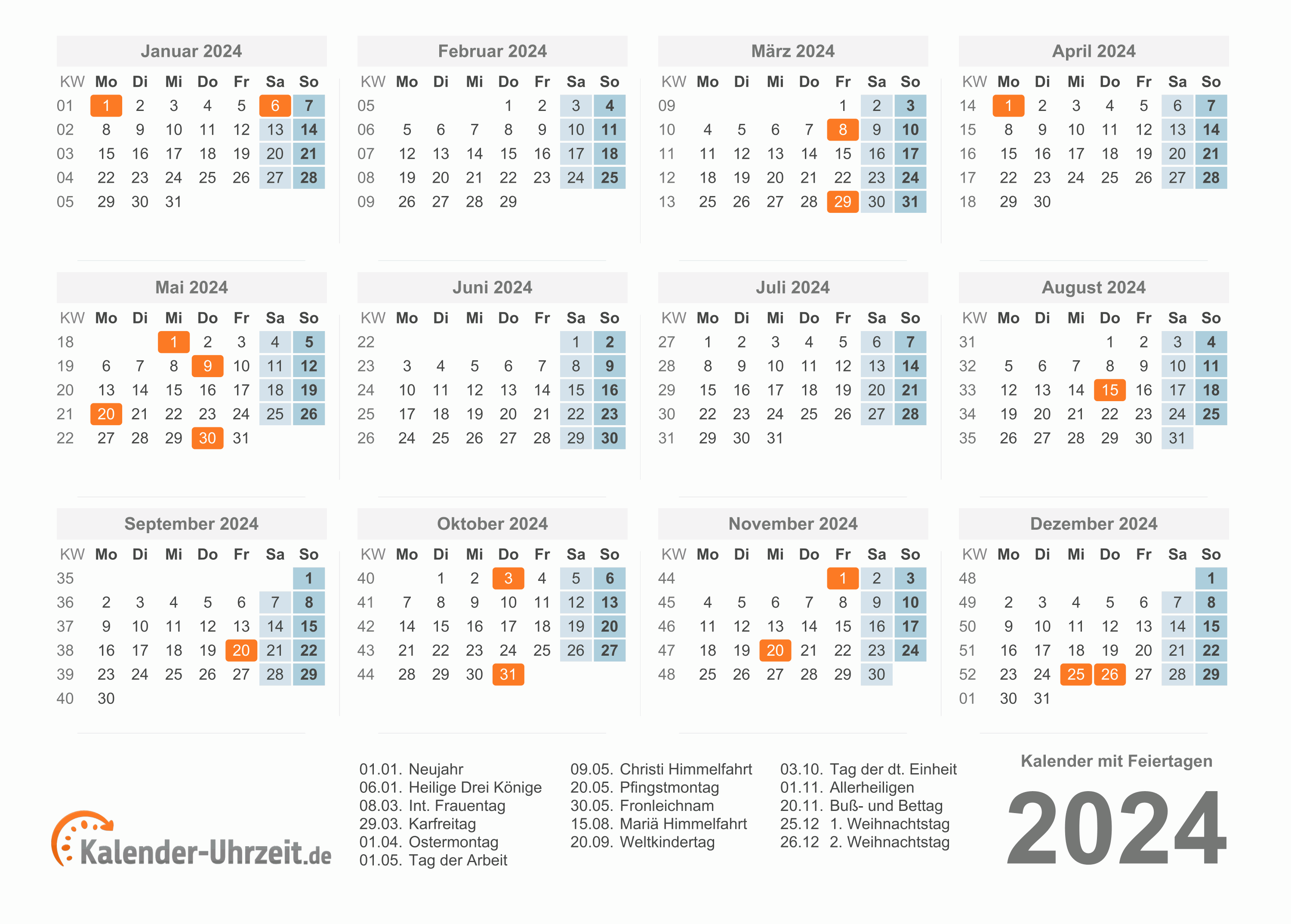 Kalender 2024 Mit Feiertagen V1 