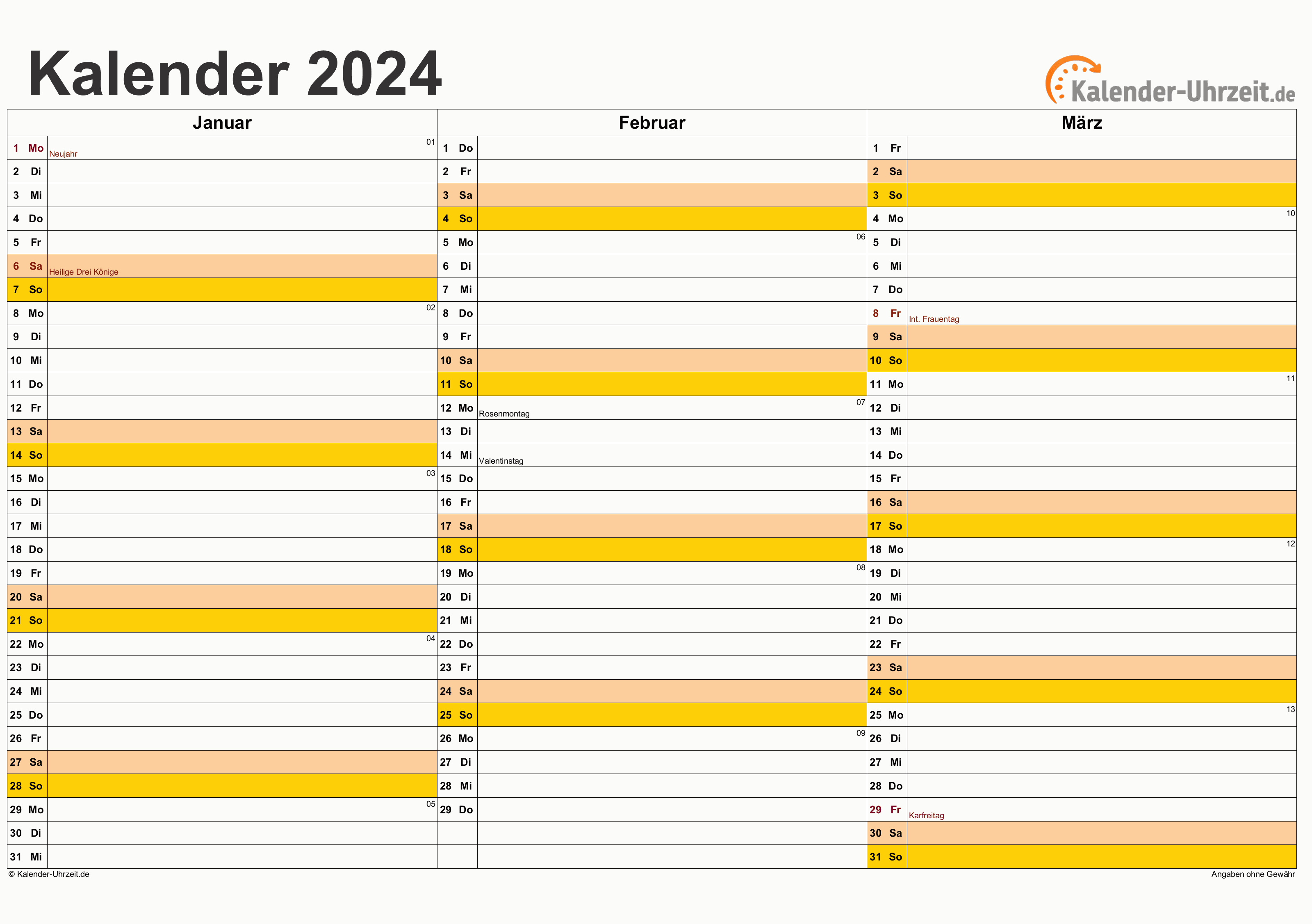 Quartalskalender 2024Vorlage