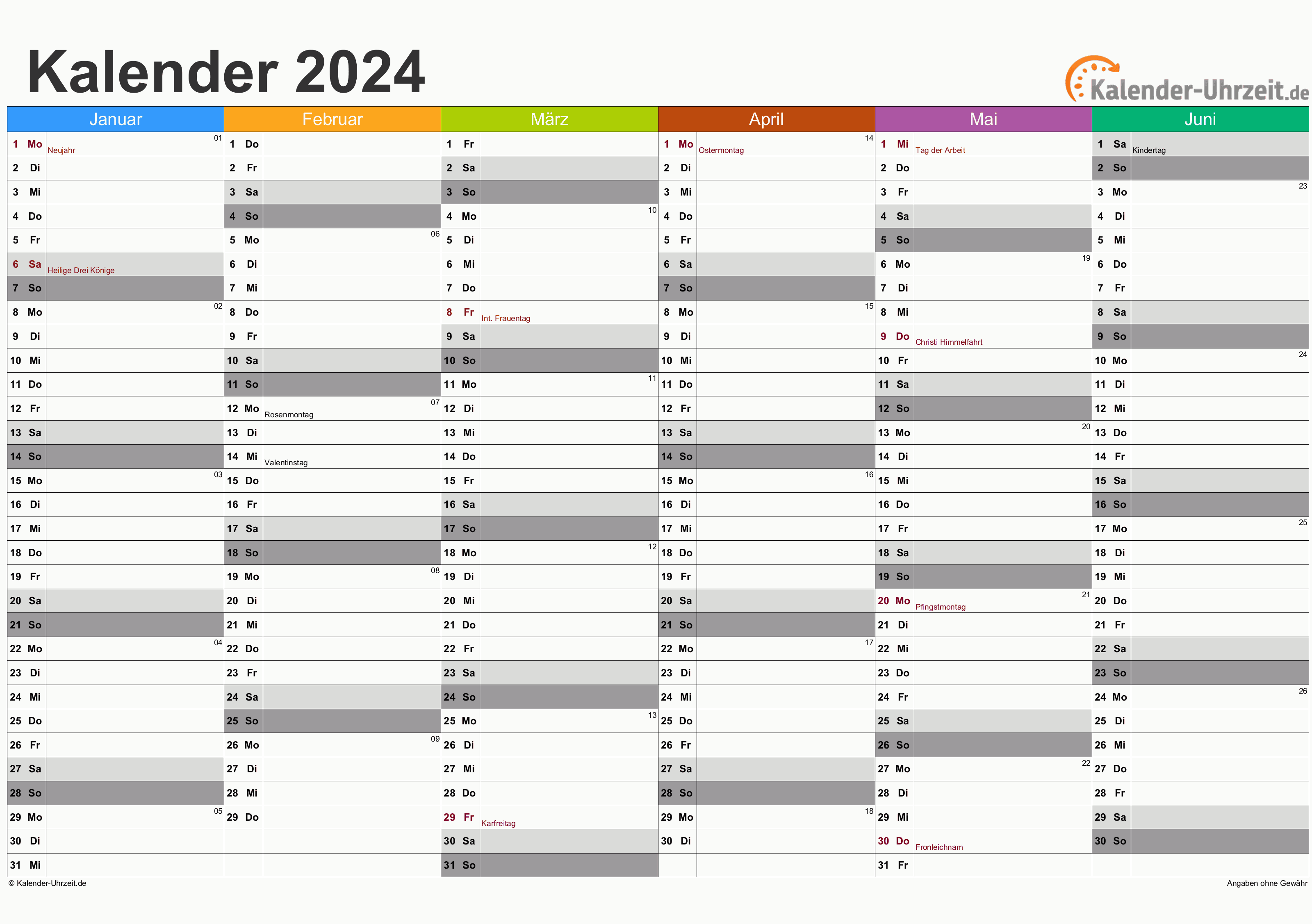 Halbjahreskalender 2024 - Excel-Vorlage 2 Vorschau