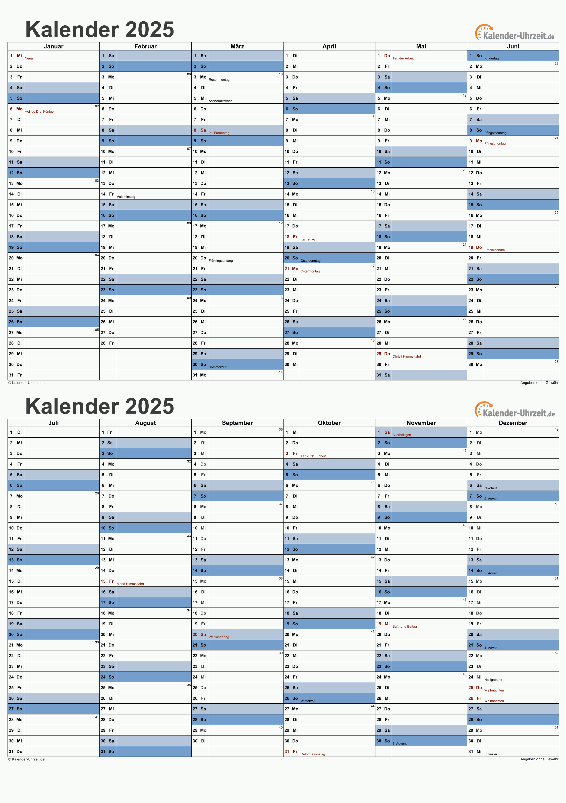 Kalender 2025 A5-Excel-Vorlage 2 Vorschau