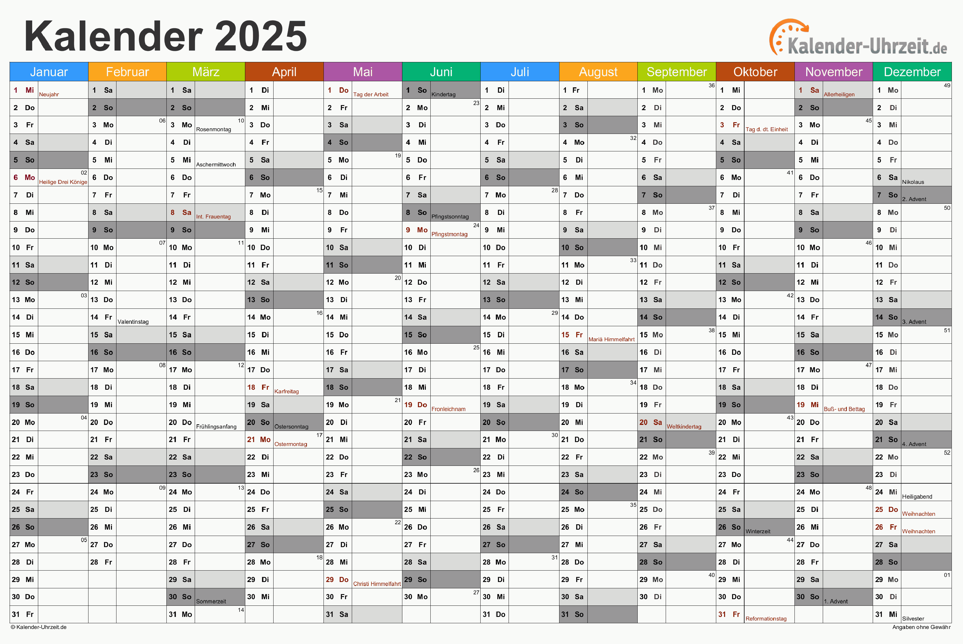 Jahreskalender 2025 - Excel-Vorlage 2 Vorschau