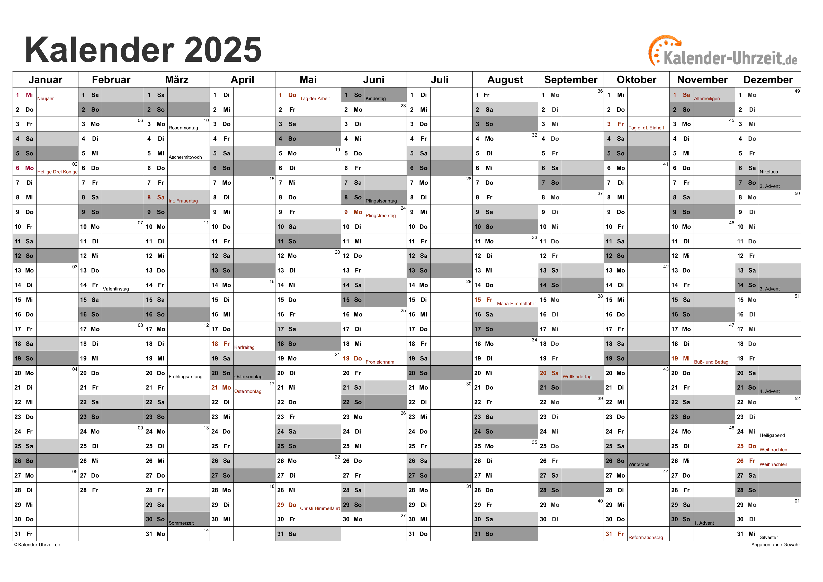 Jahreskalender 2025 - Excel-Vorlage 3 Vorschau