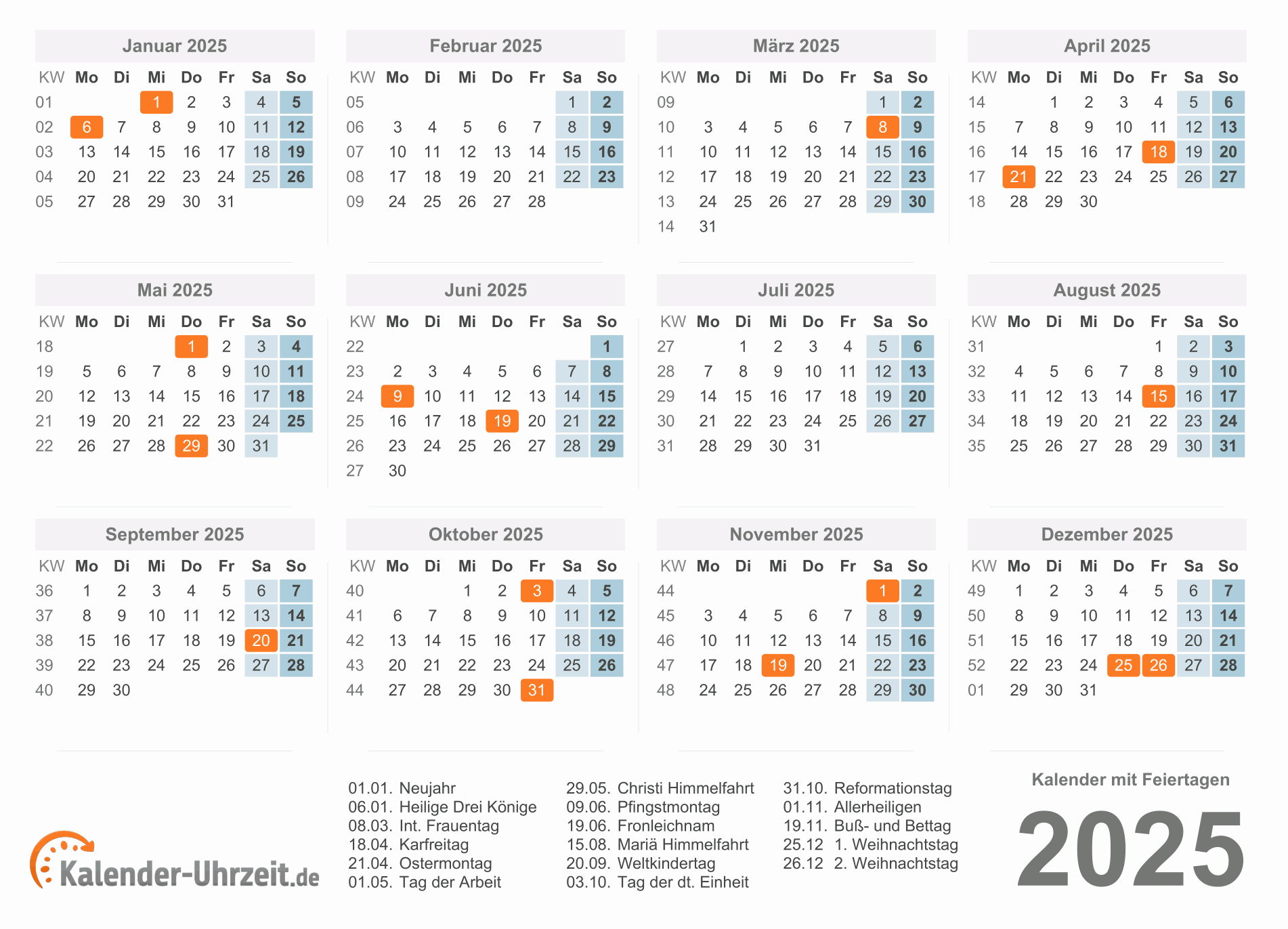 Kalender 2025 mit Feiertagen - PDF-Vorlage 1 Vorschau