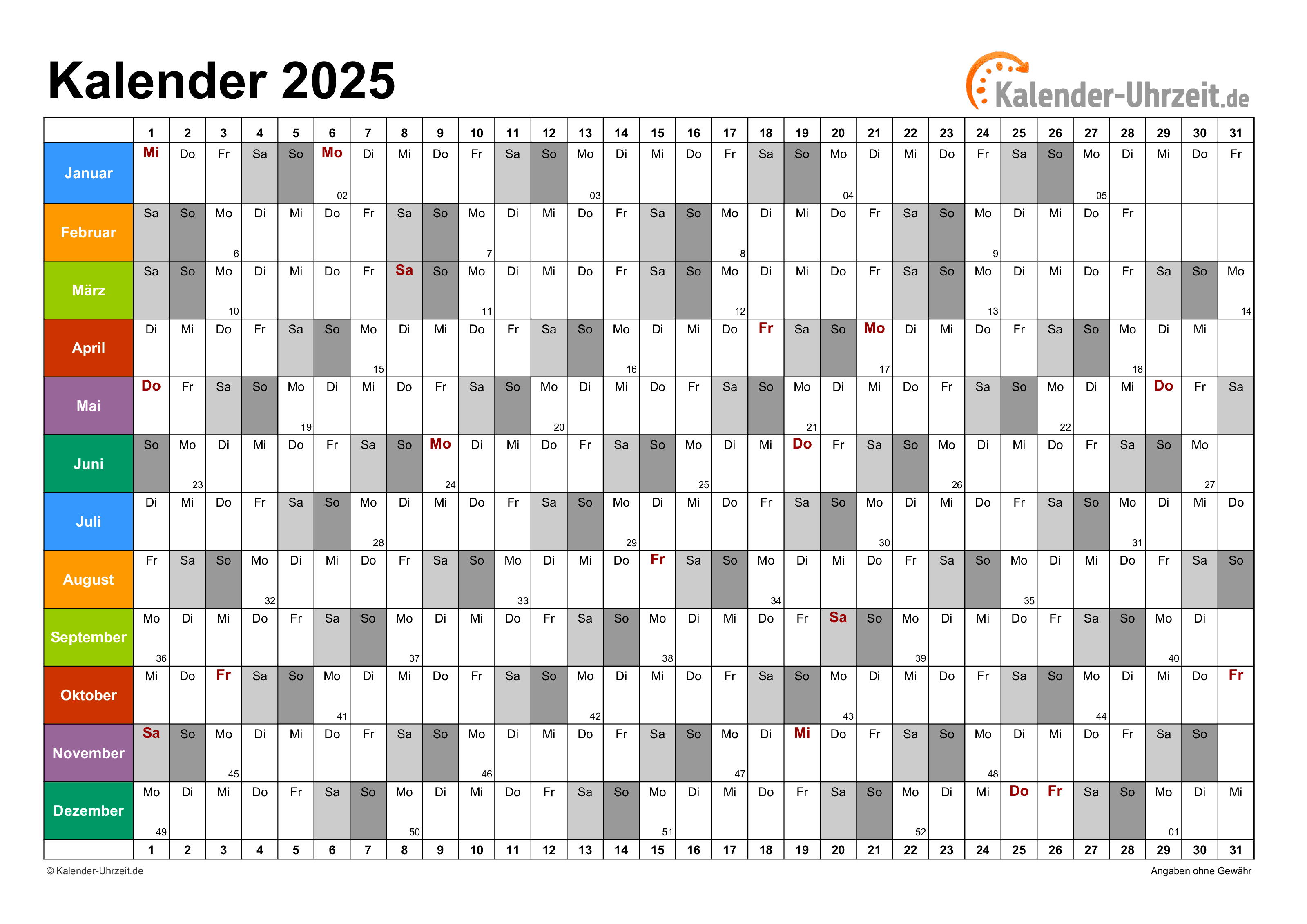 Jahreskalender 2025 - PDF-Vorlage 5 Vorschau
